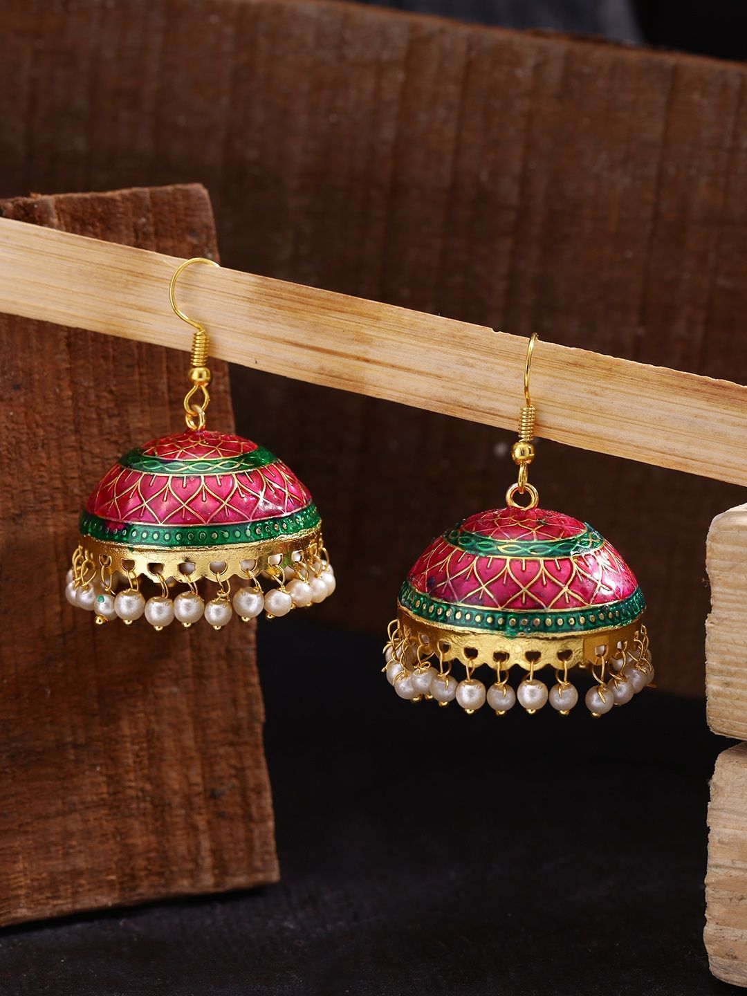 Fida Gold-Plated & Pink Meenakari Dome Shaped Jhumkas Price in India