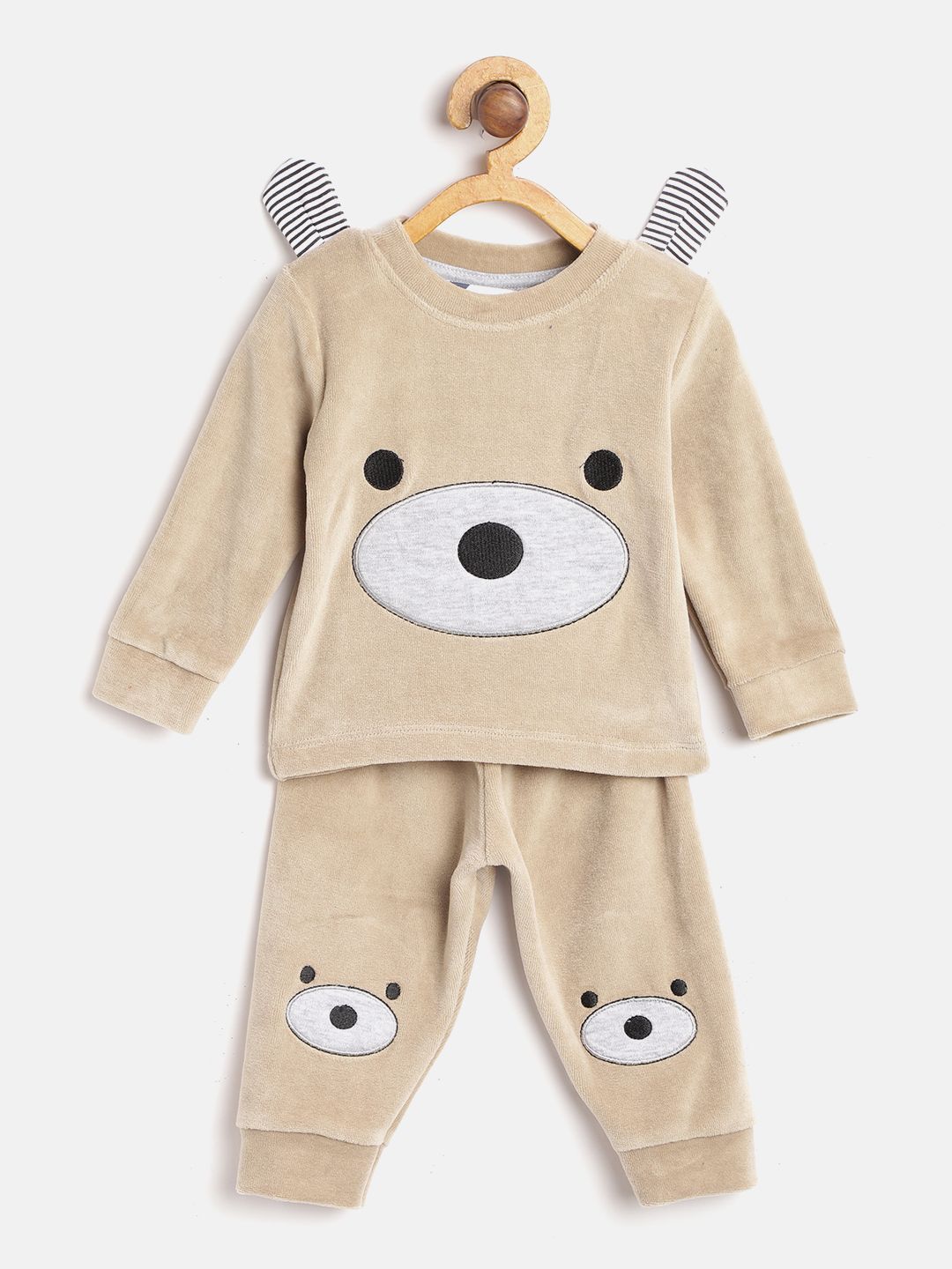 Moms Love Boys Beige & Grey Melange Self Design Pure Cotton Velvet Finish Clothing Set