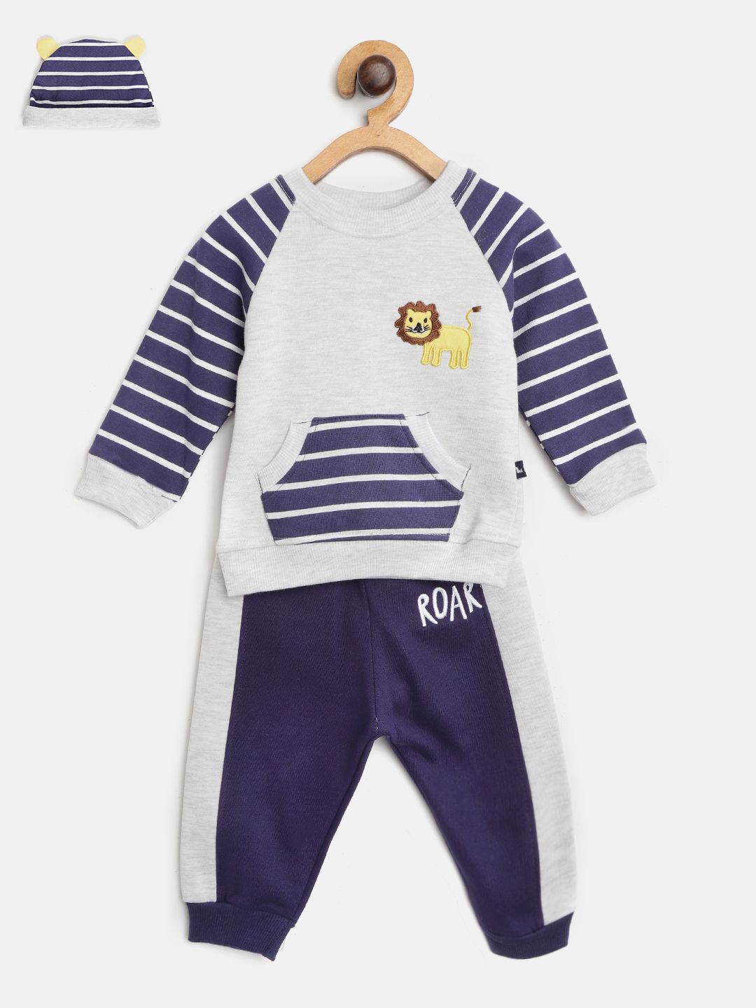 Moms Love Boys Grey Melange & Navy Blue Pure Cotton Solid Sweatshirt with Joggers & Beanie