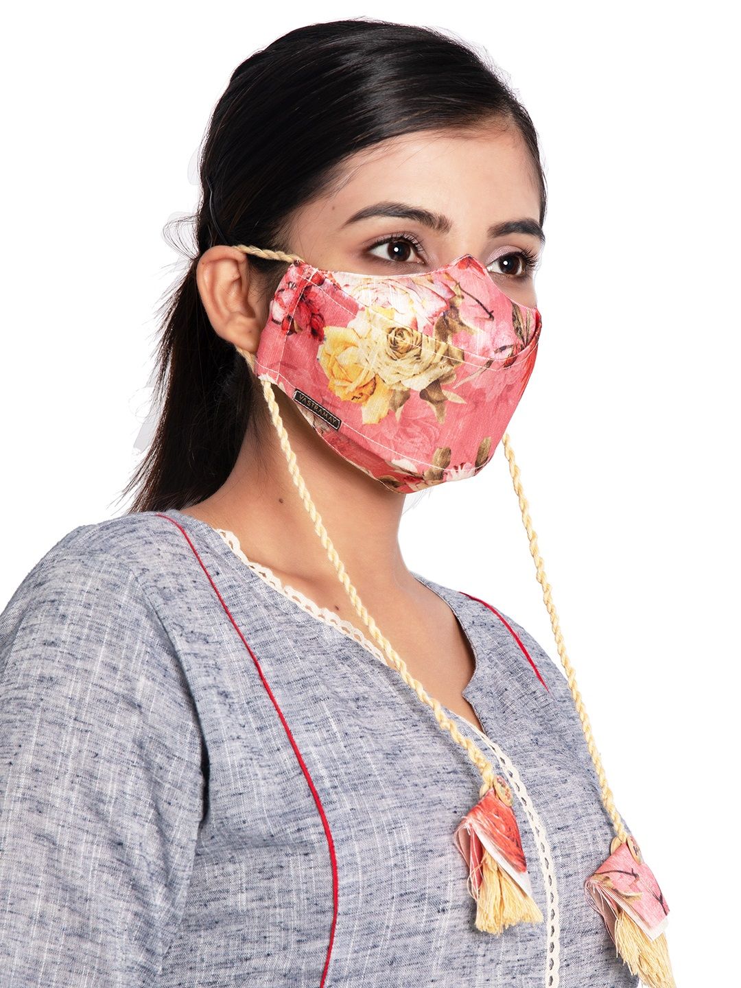 VASTRAMAY Adults Pink Printed 3-Layers Reusable Cloth Mask Price in India