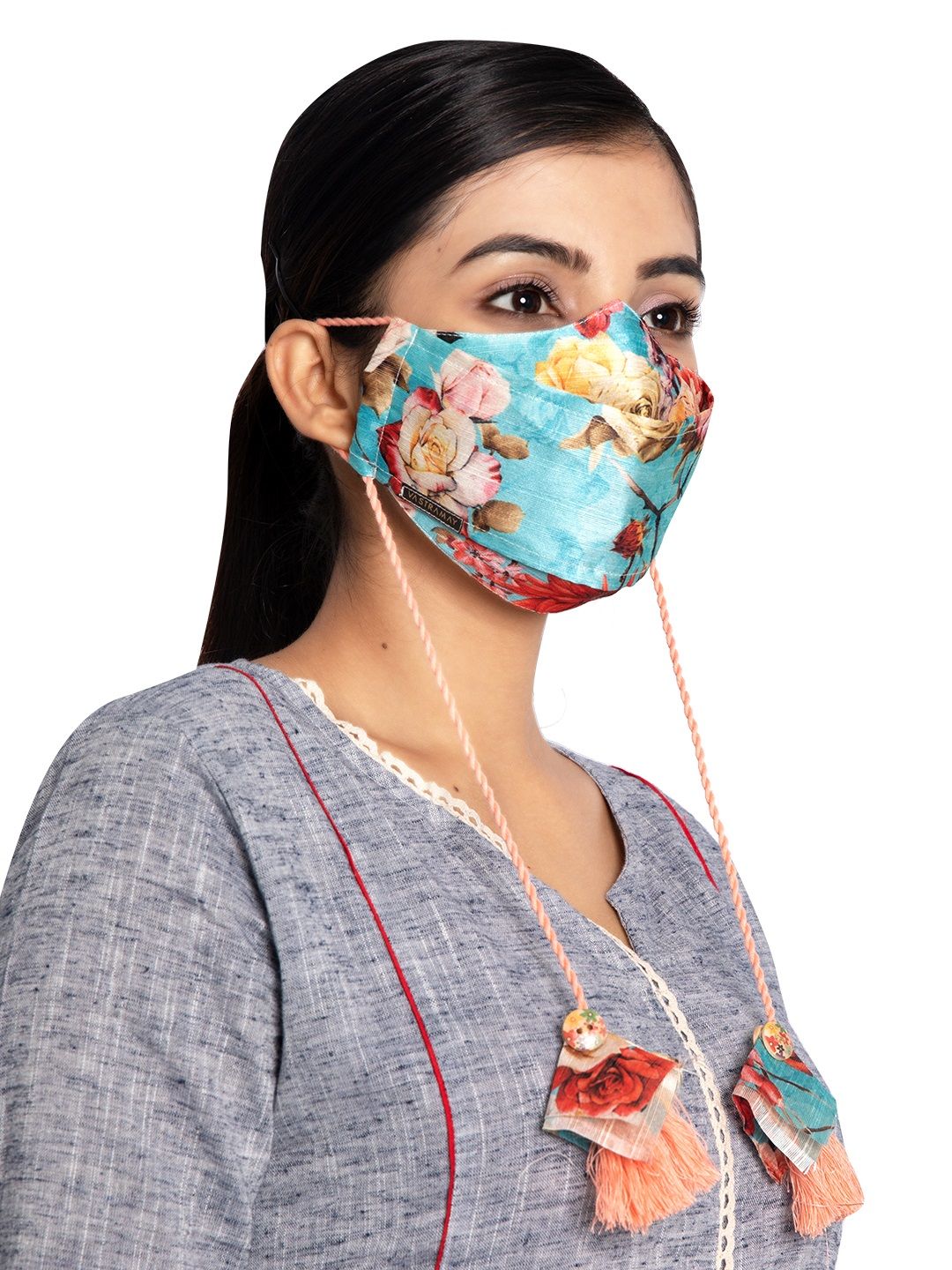VASTRAMAY Adults Blue Floral Printed 3-Ply Reusable Cloth Mask Price in India