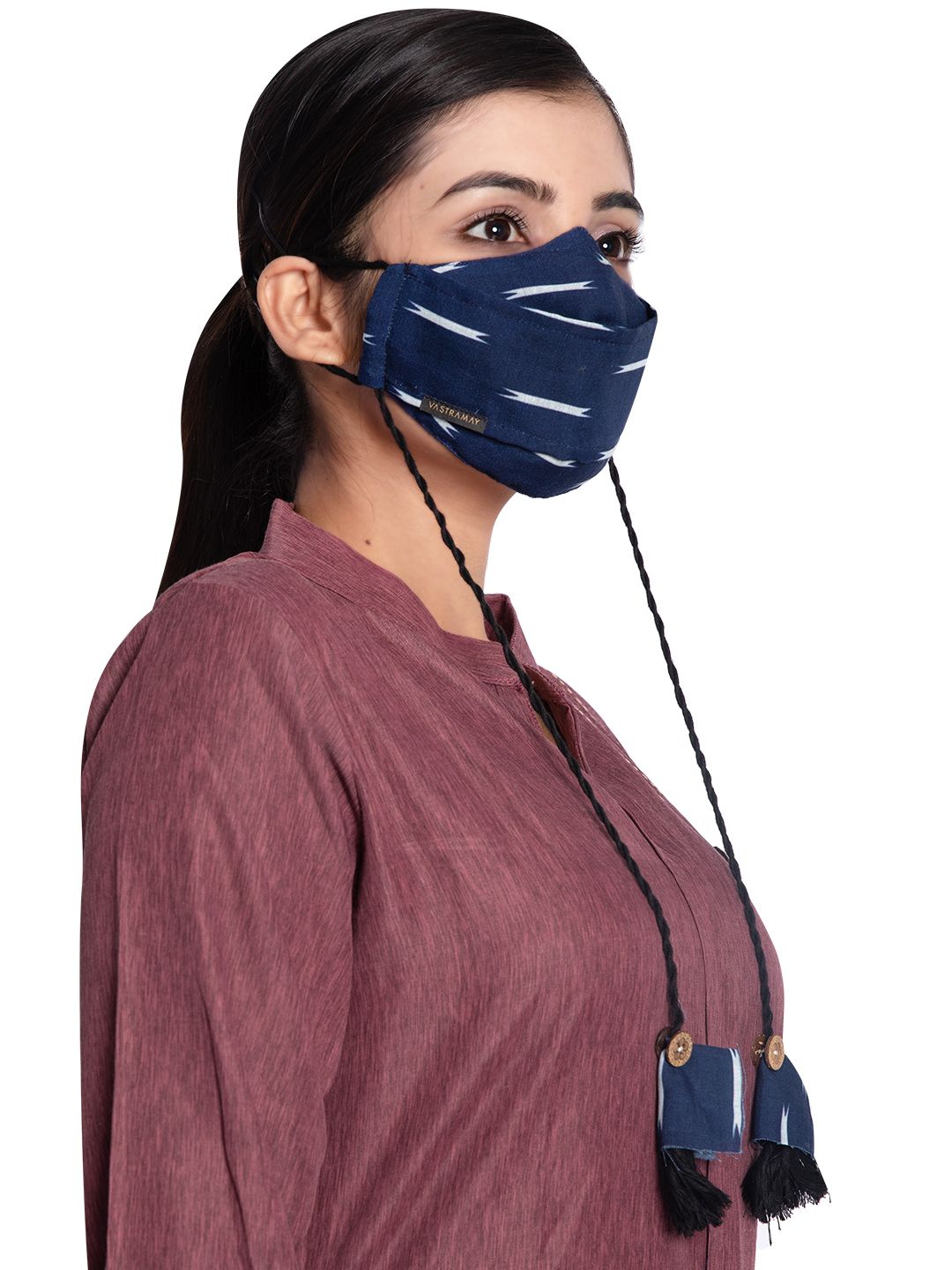 VASTRAMAY Adults Blue Ikkat Printed 3-Ply Reusable Cloth Mask Price in India