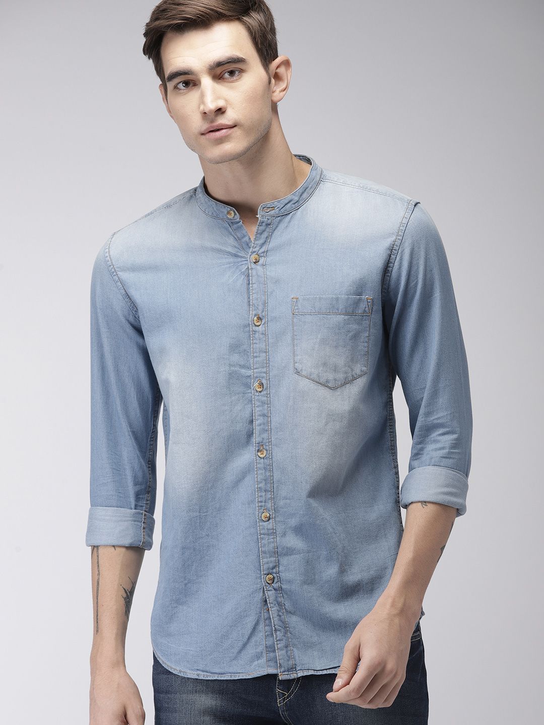 HIGHLANDER Men Blue Slim Fit Faded Casual Denim Shirt