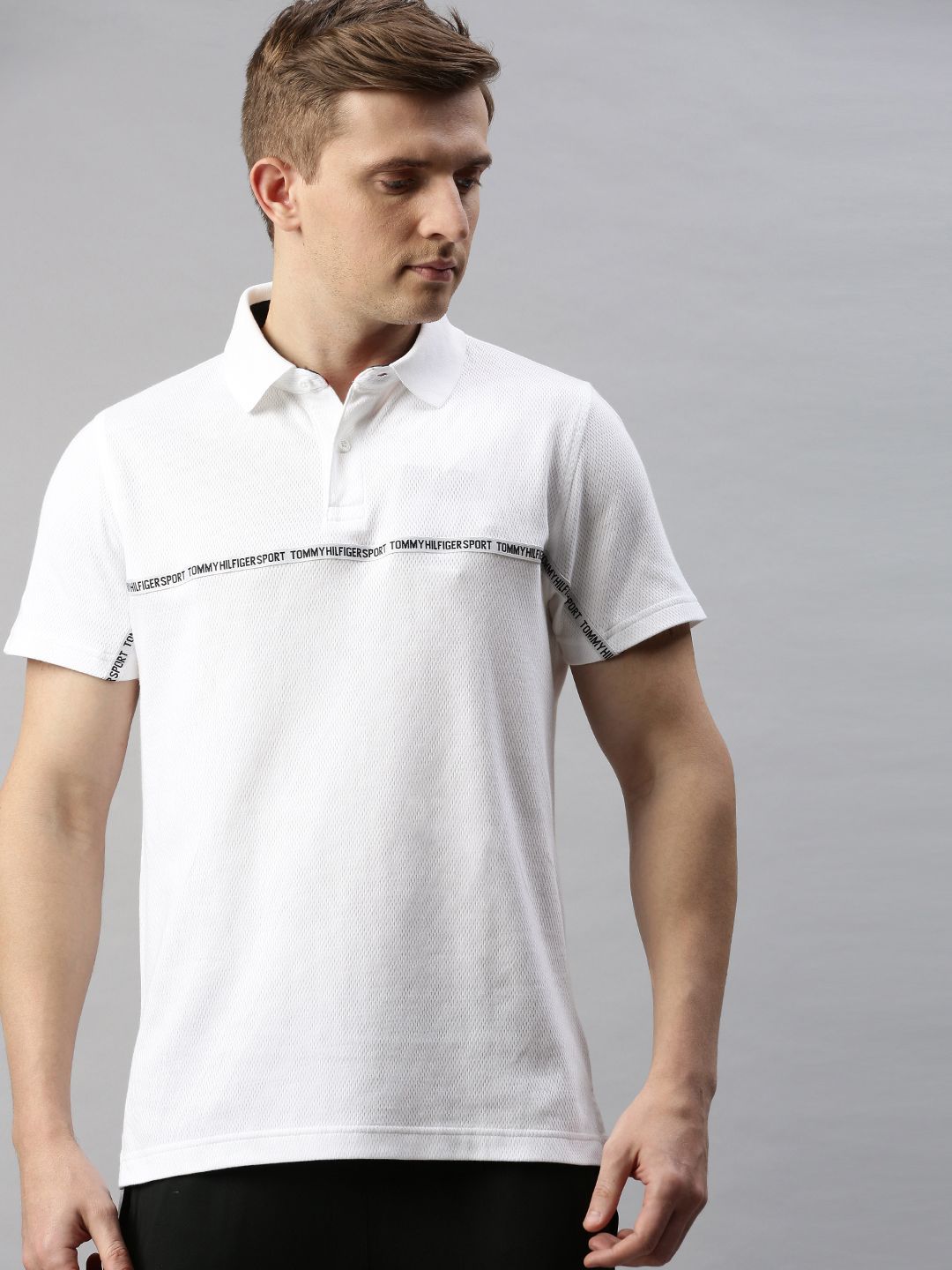 Tommy Hilfiger Men White Solid Polo Collar T-shirt With Printed Detailing