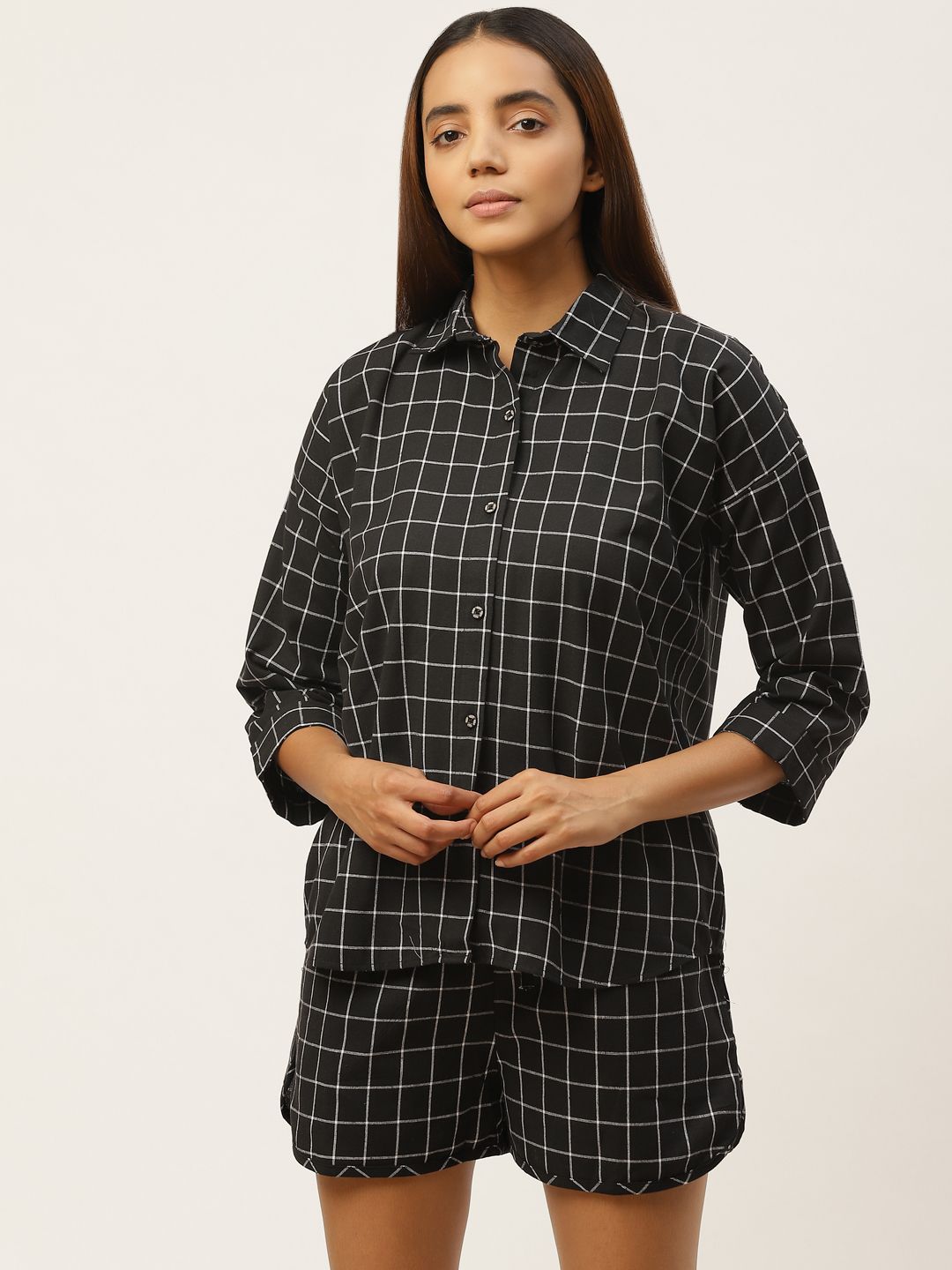 Cottinfab Women Black & White Checked Night Suit Price in India