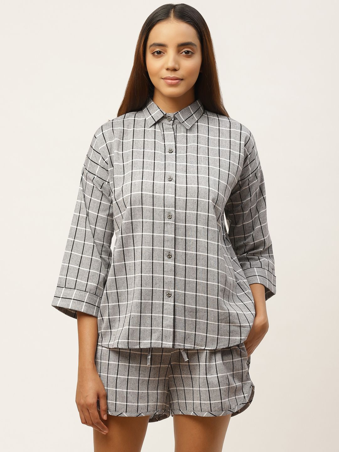 Cottinfab Women Grey & White Checked  Night Suit Price in India