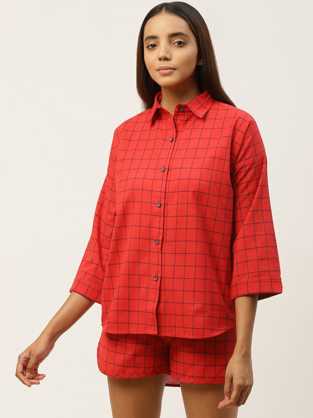 Cottinfab Women Red & Black Checked Night Suit Price in India