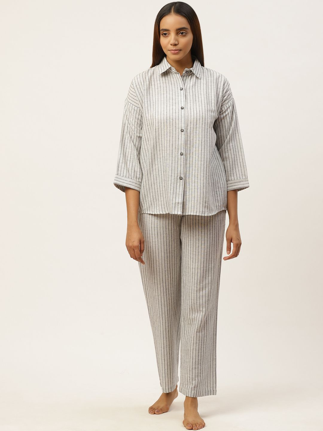 Cottinfab Women White & Charcoal Grey  Striped Night Suit Price in India