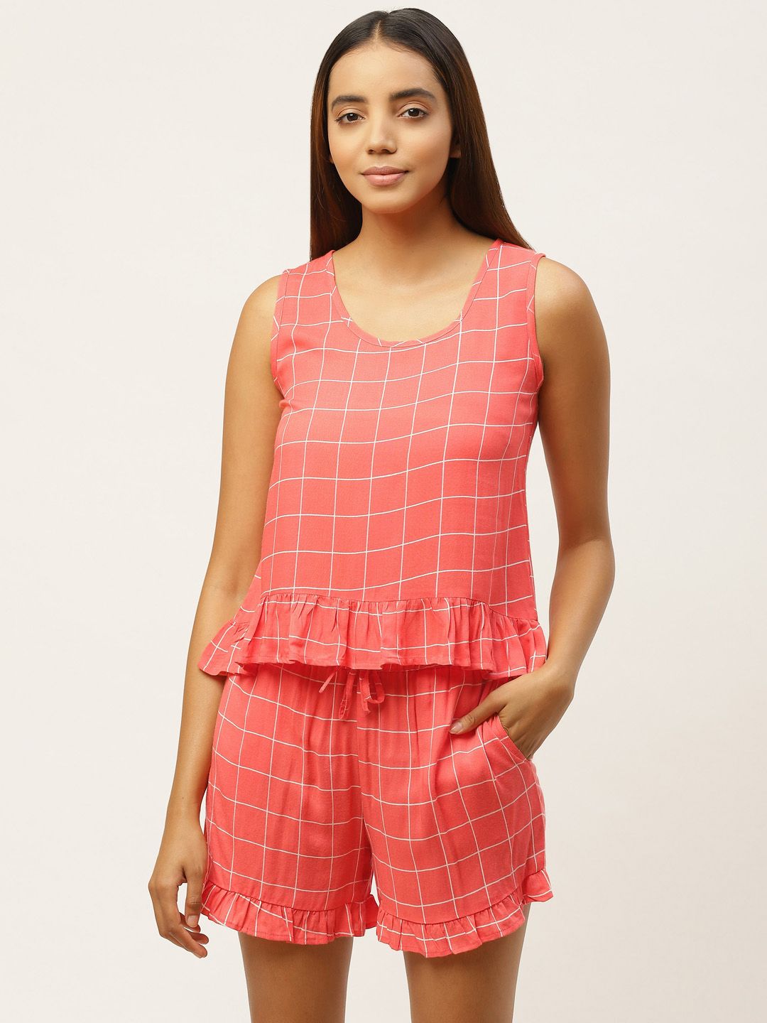 Cottinfab Women Pink & White Checked Night Suit Price in India