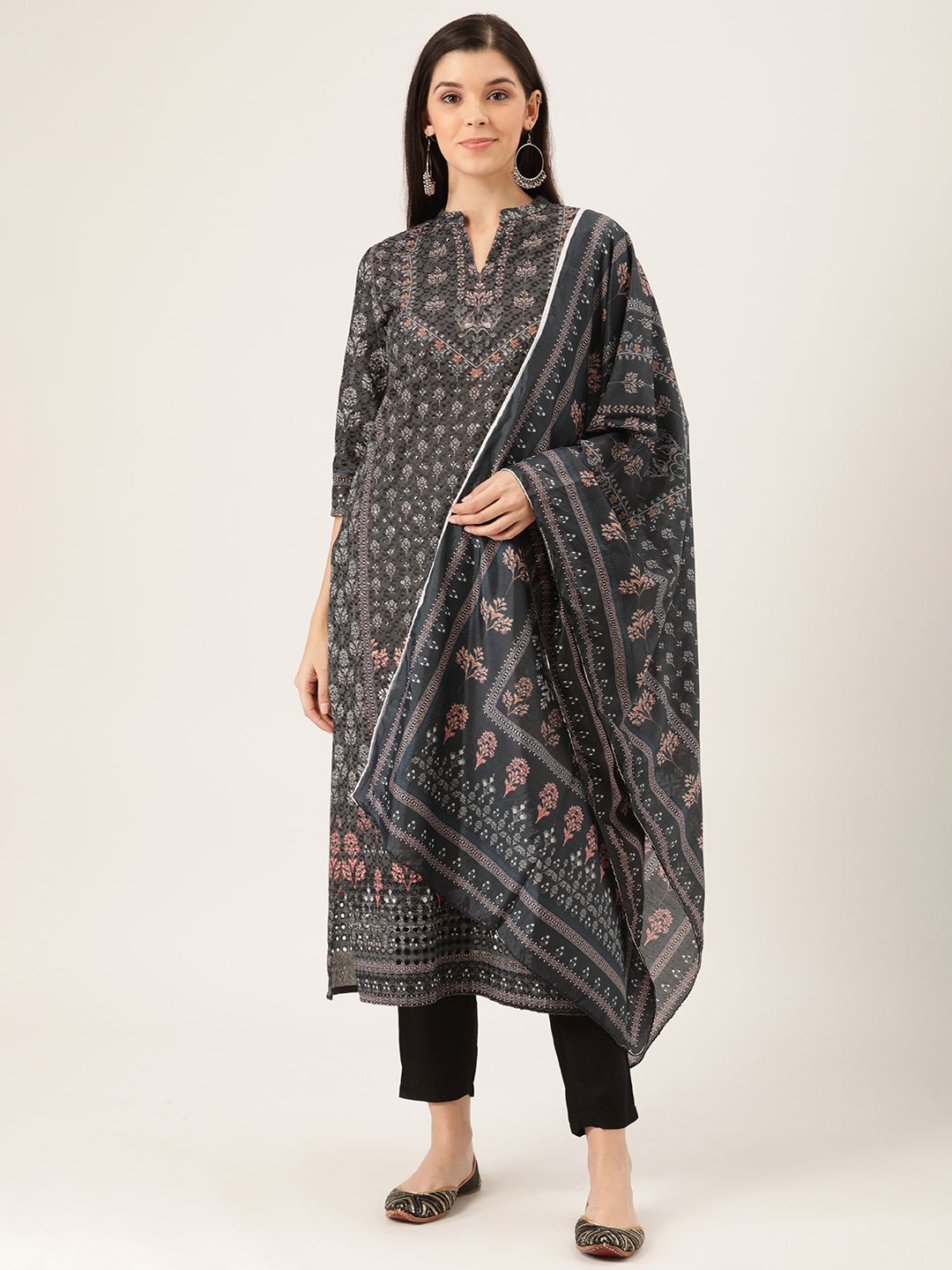 Prakrti Women Charcoal Grey & Black Embroidered Kurta with Trousers & Dupatta