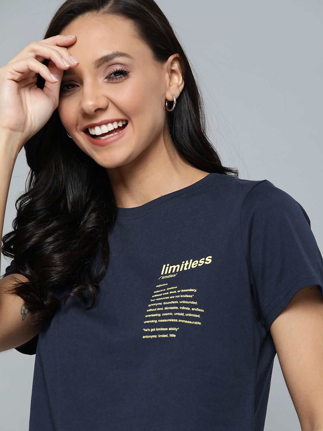 Mast & Harbour Women Navy Blue Printed Round Neck T-shirt Price in India