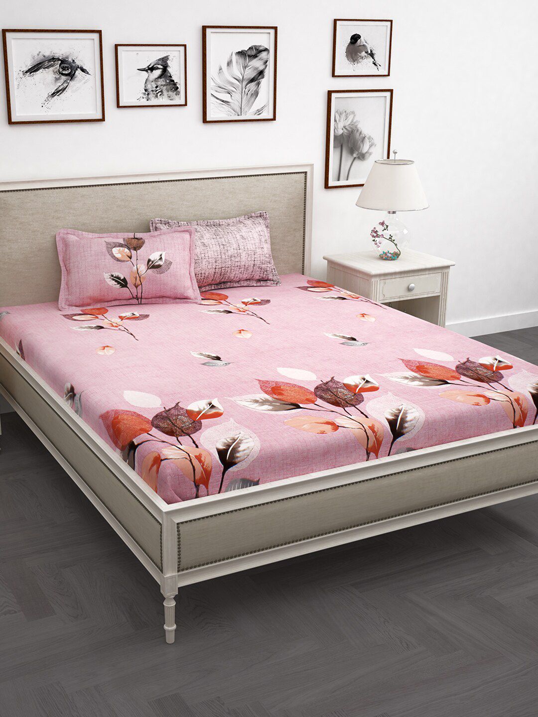 Story@home Pink & Magenta Floral 210 TC Cotton 1 King Bedsheet with 2 Pillow Covers Price in India