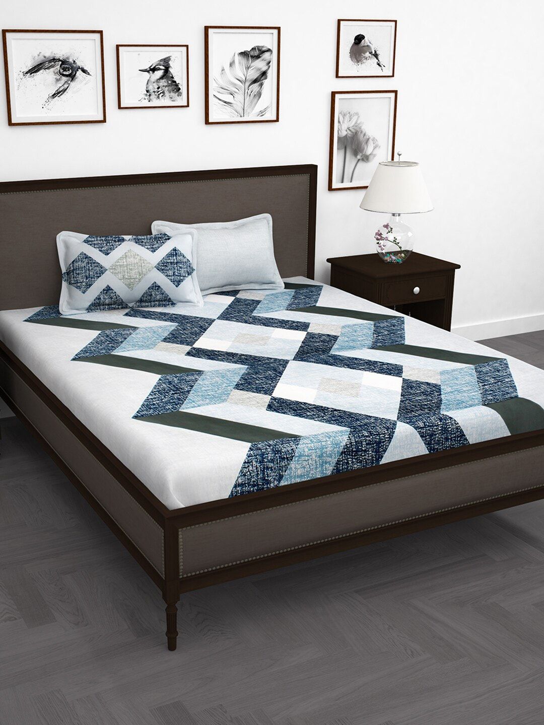 Story@home White & Blue Abstract 210 TC Cotton 1 King Bedsheet with 2 Pillow Covers Price in India