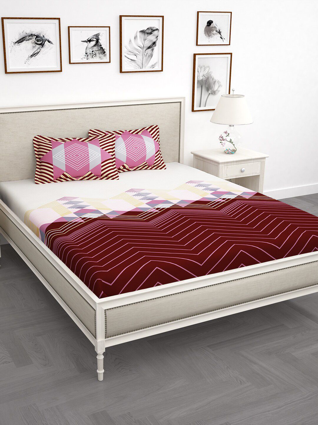 Story@home Maroon & White Abstract 210 TC Cotton 1 King Bedsheet with 2 Pillow Covers Price in India