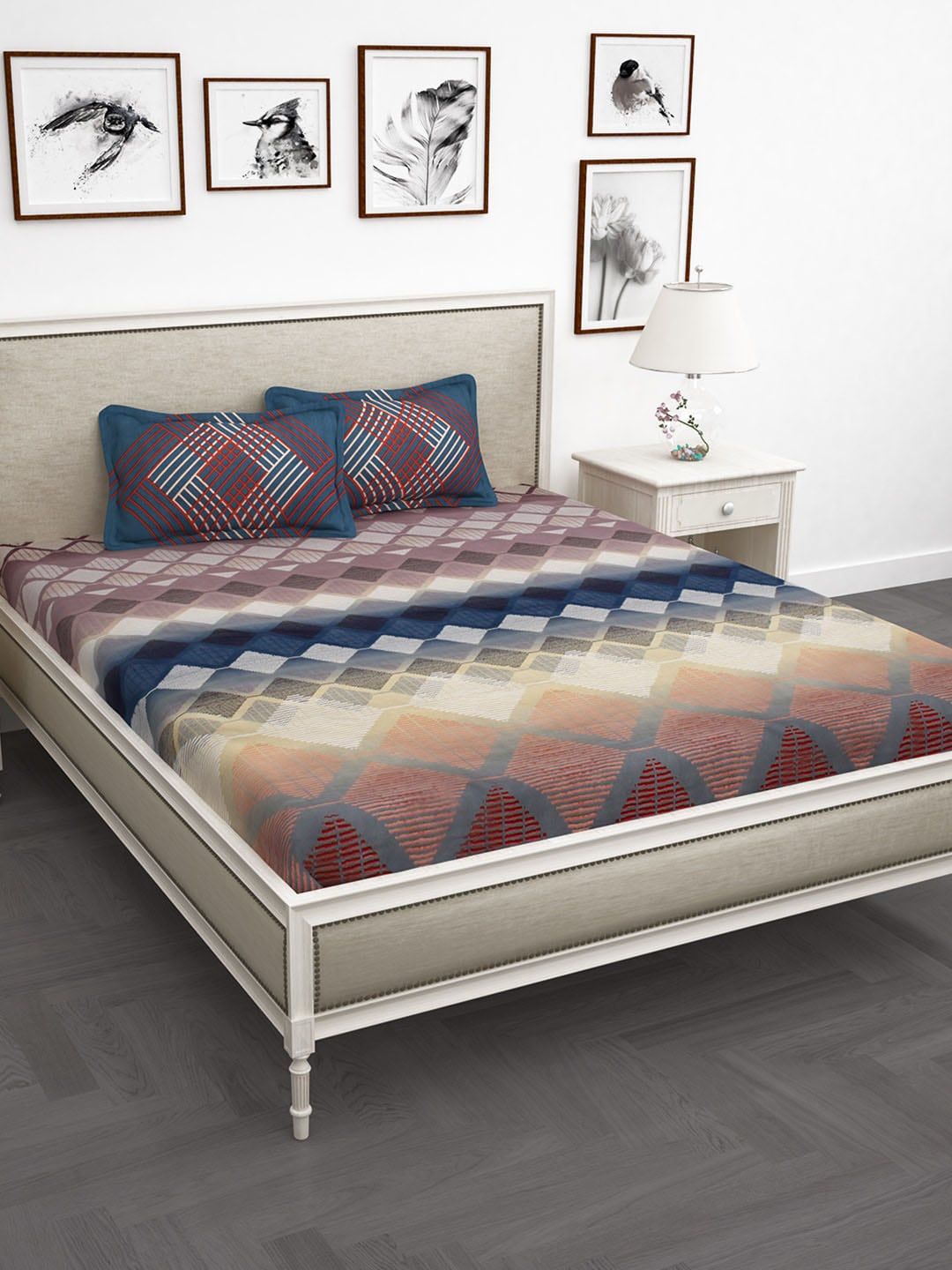 Story@home Blue & Grey Geometric 210 TC Cotton 1 King Bedsheet with 2 Pillow Covers Price in India