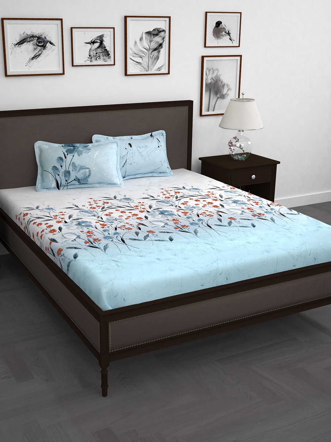 Story@home White & Blue Floral 210 TC Cotton 1 King Bedsheet with 2 Pillow Covers Price in India