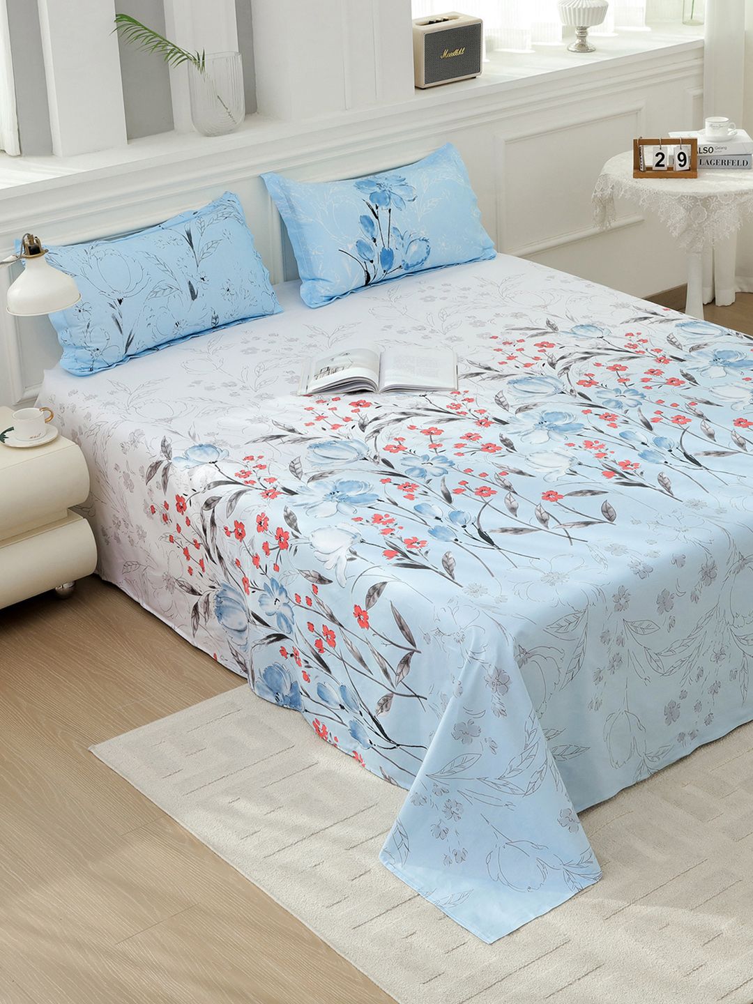 260 TC Cotton King Bedsheet Story@home Sky Blue Floral Cotton 260 TC King Bedsheet with Pillow Covers - 106x106In
