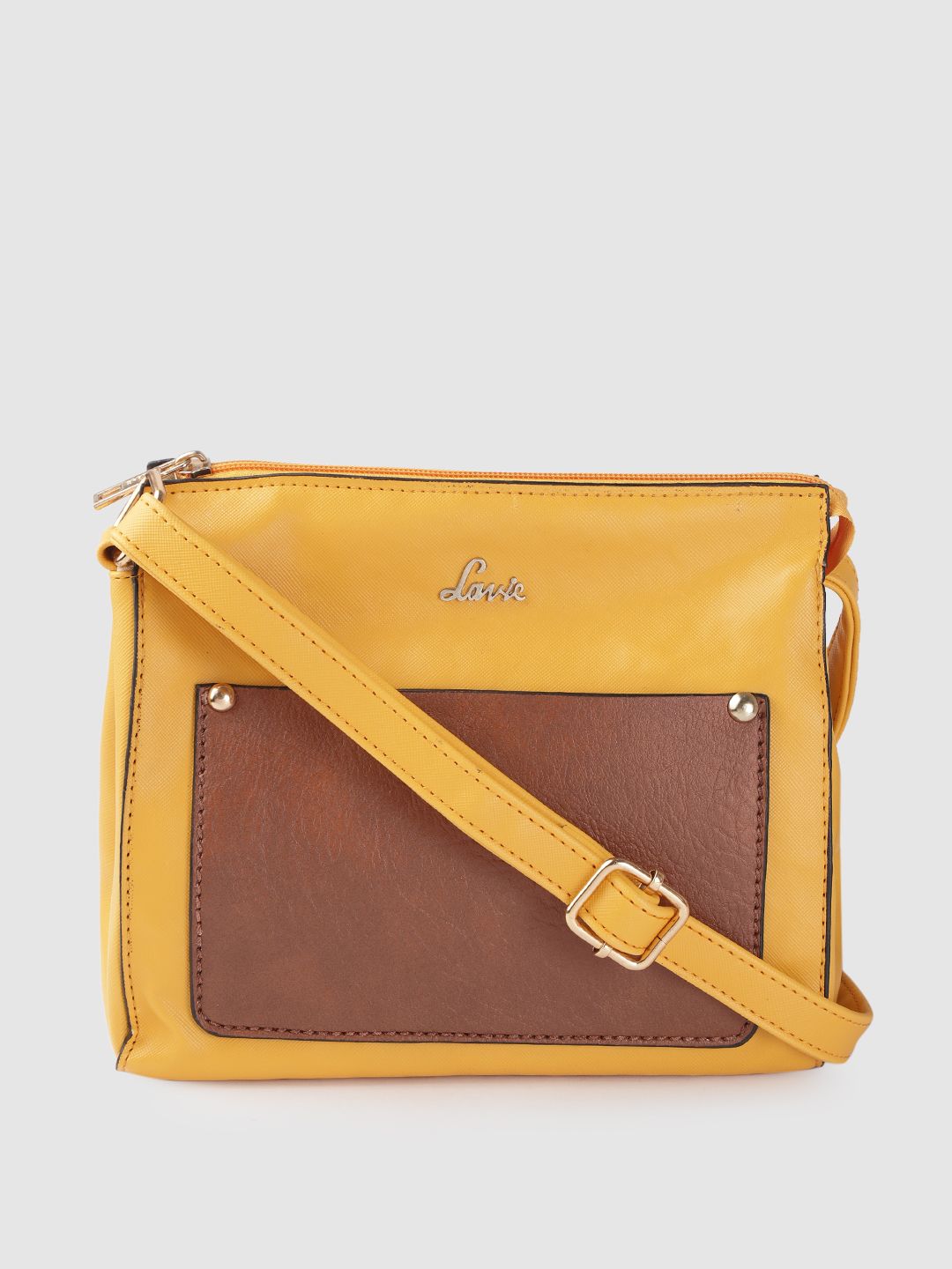 Lavie Mustard Yellow & Tan Brown Colourblocked Sling Bag with Non-Detachable Sling Strap Price in India