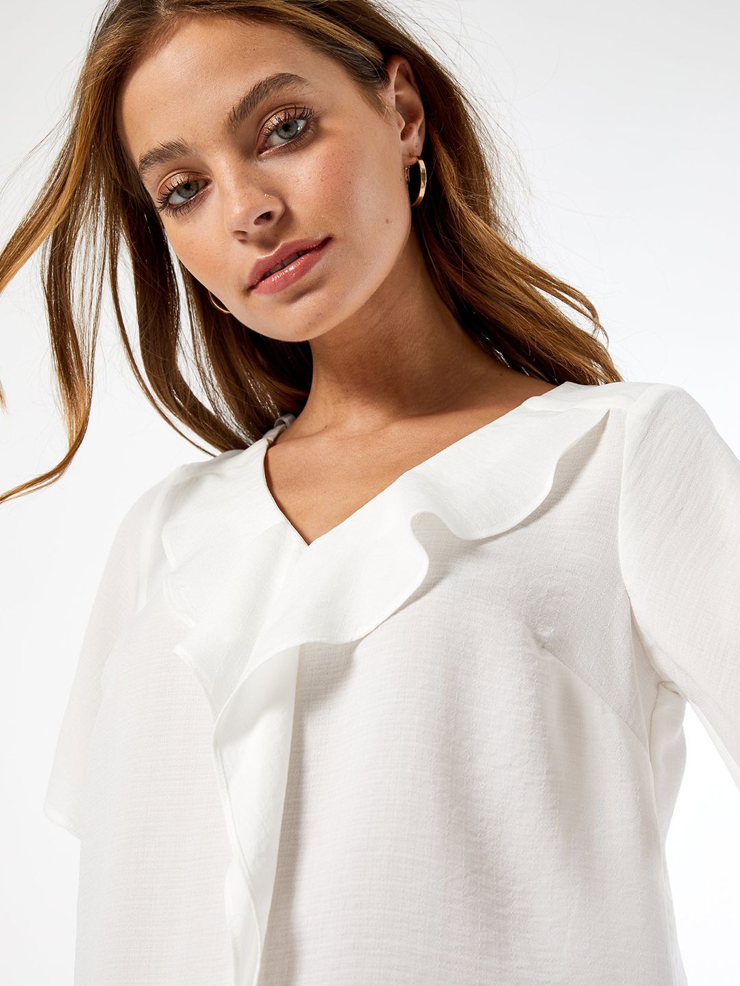 DOROTHY PERKINS Women White Solid Ruffle Detail Top