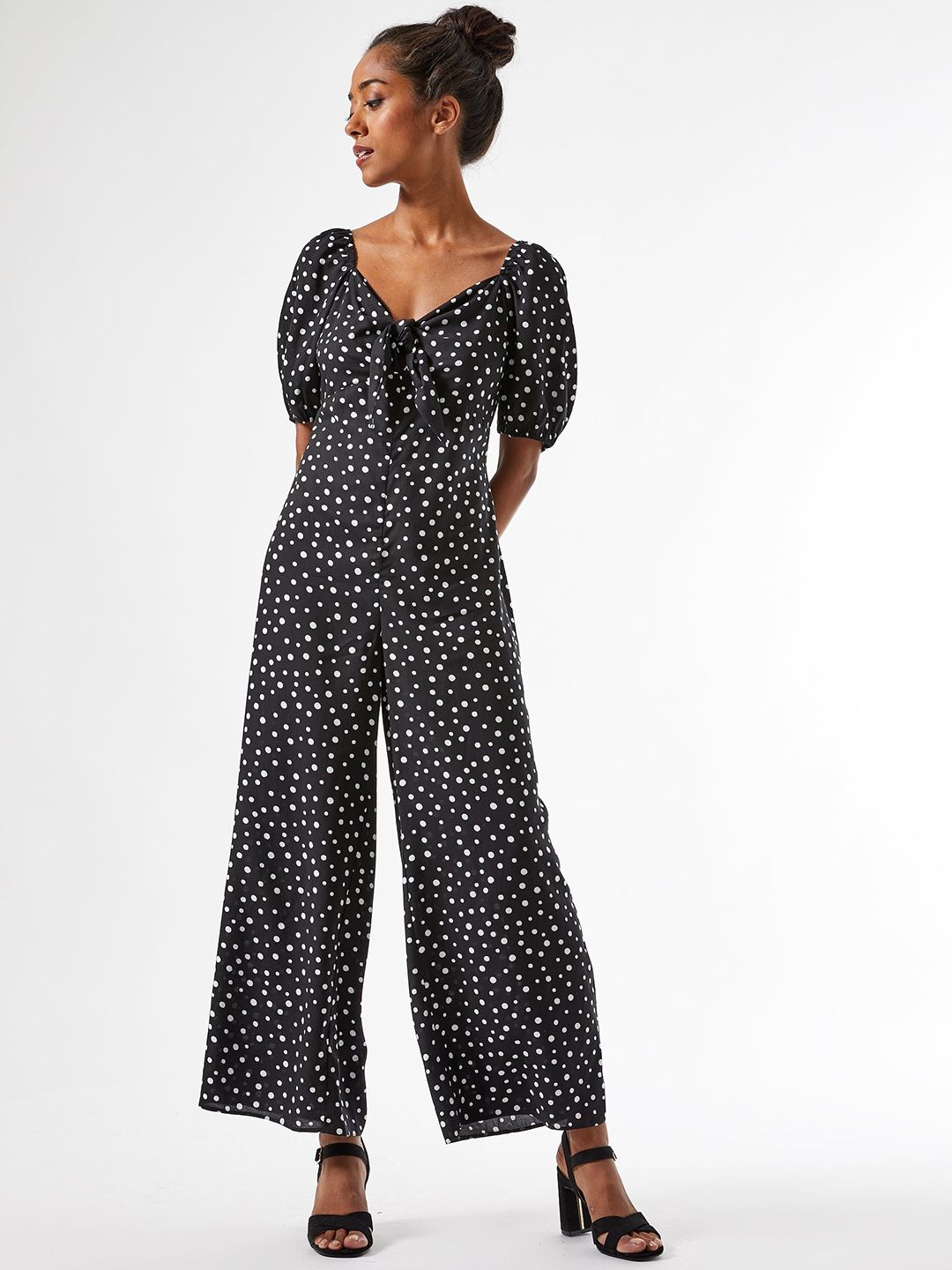 DOROTHY PERKINS Women Black & White Front Tie-Up Petite Printed Basic Jumpsuit Price in India