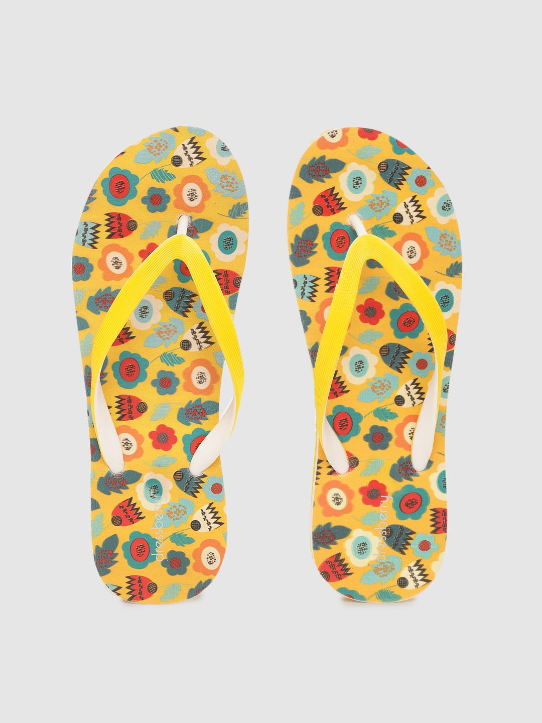 DressBerry Women Yellow & Orange Floral Print Thong Flip-Flops Price in India