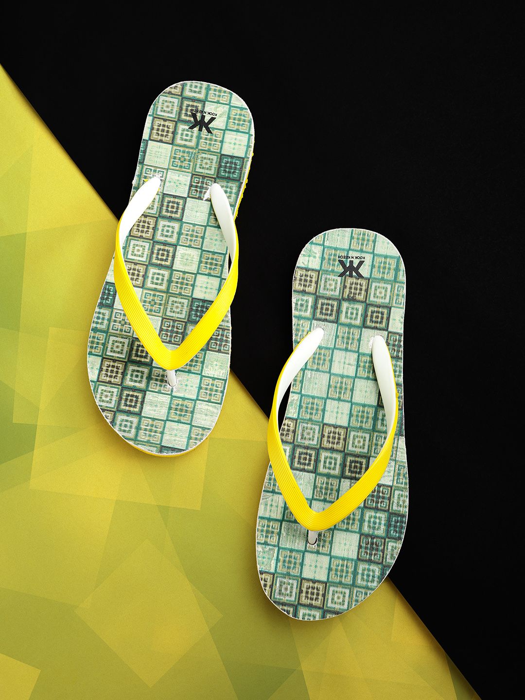 Kook N Keech Women Yellow & Green Geometric Print Thong Flip-Flops Price in India