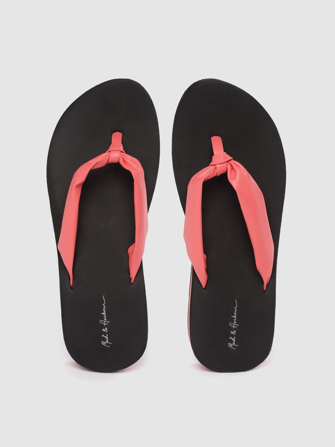Mast & Harbour Women Peach-Coloured & Black Solid Thong Flip-Flops with Knot Detail Price in India