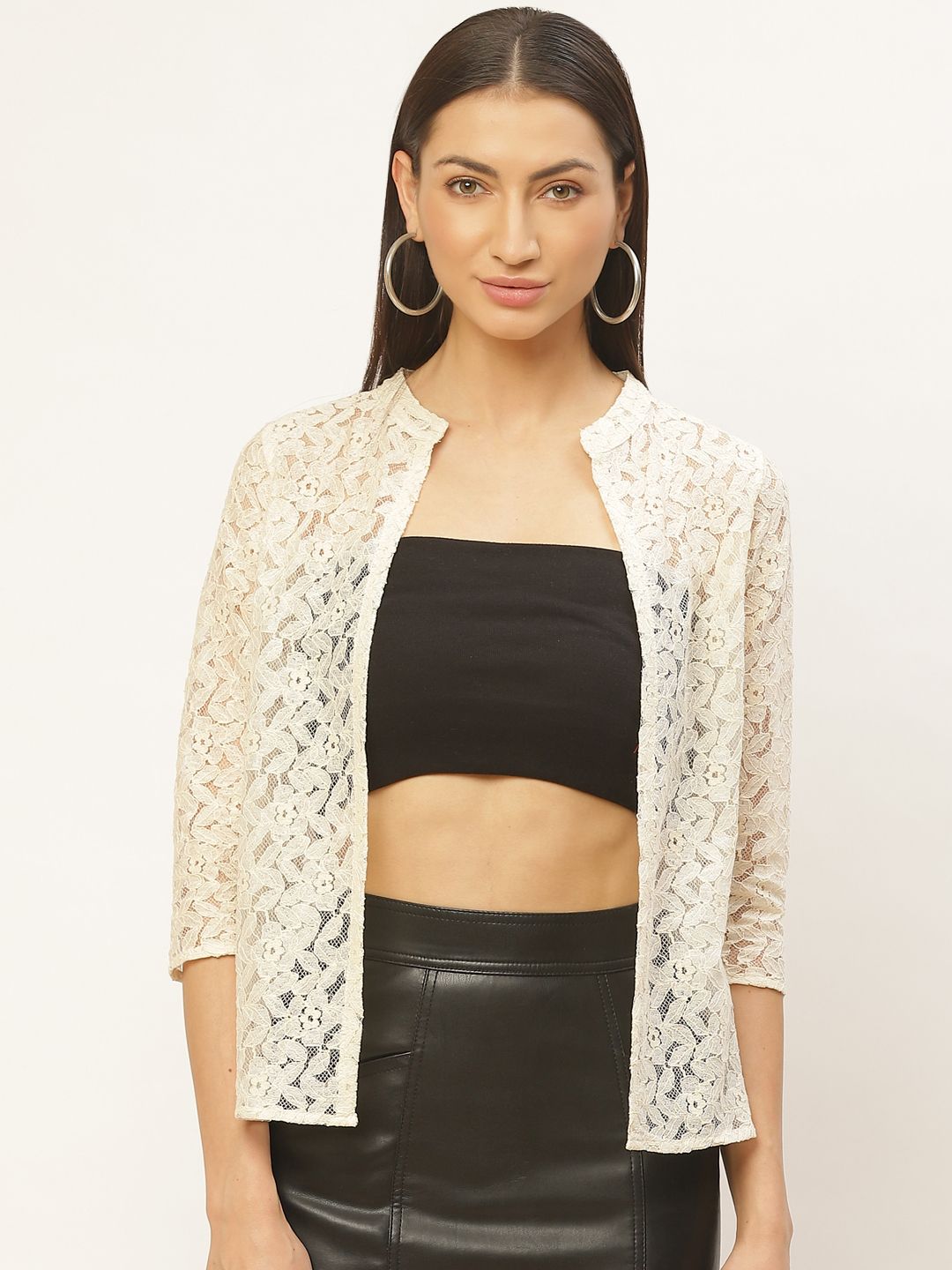 Rute Women Cream-Coloured Self Design Open Front Shrug Price in India