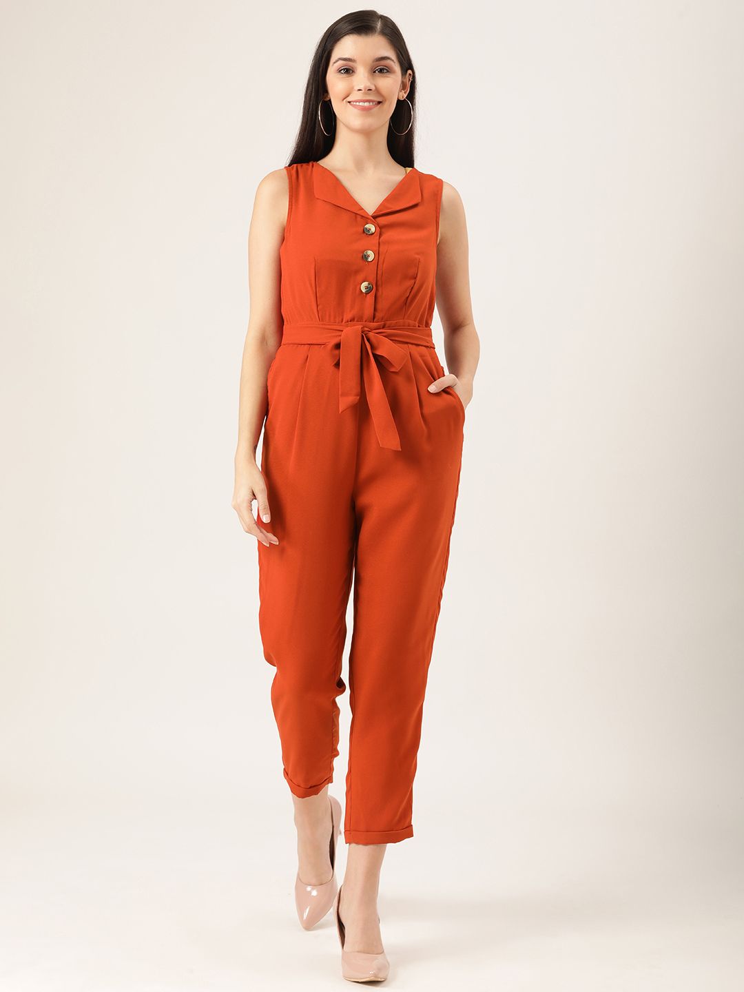 QUIERO Women Rust Orange Solid Cropped Basic Jumpsuit Price in India