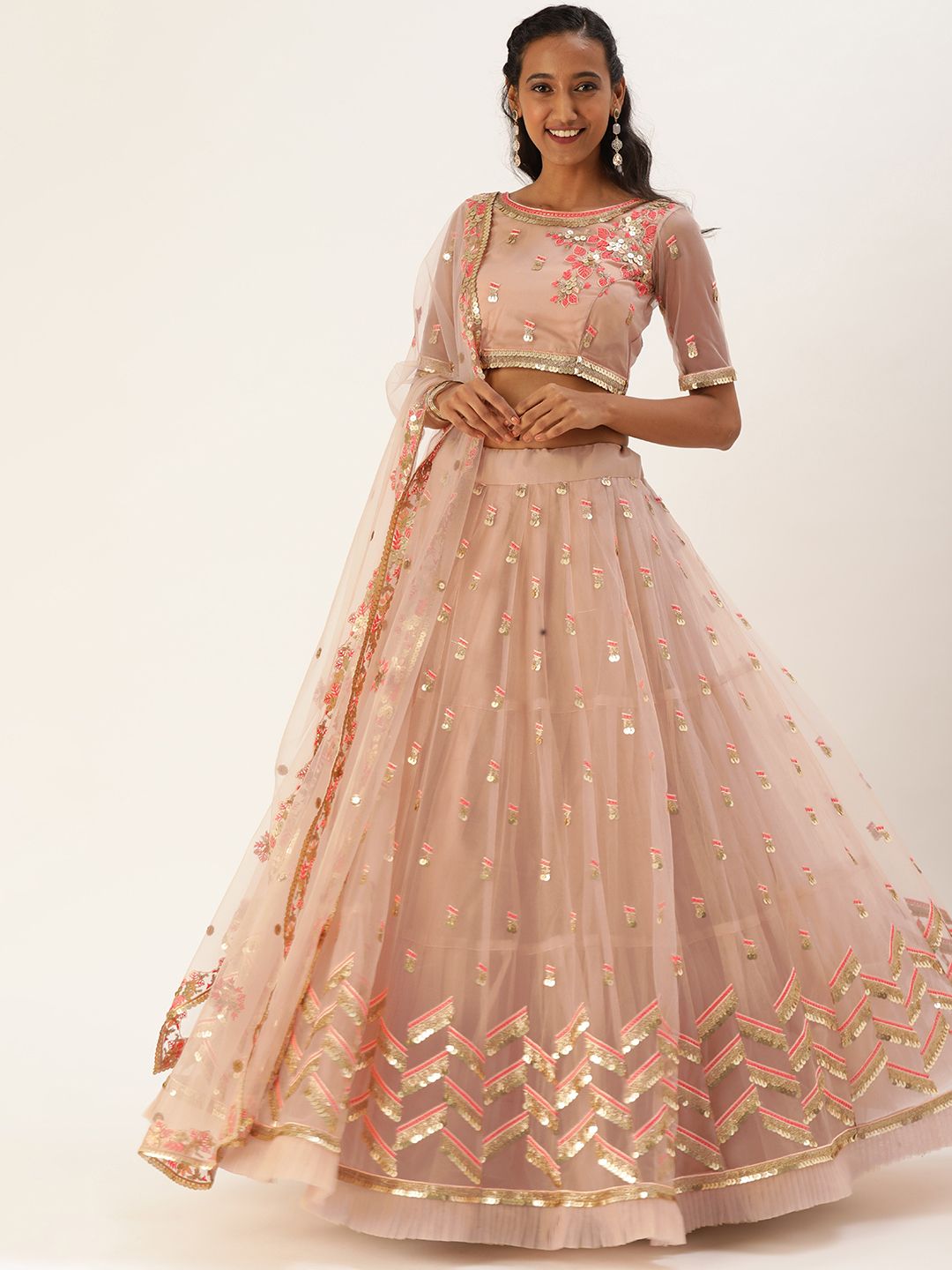 panchhi Peach-Coloured & Pink Semi-Stitched Lehenga & Unstitched Blouse with Dupatta Price in India