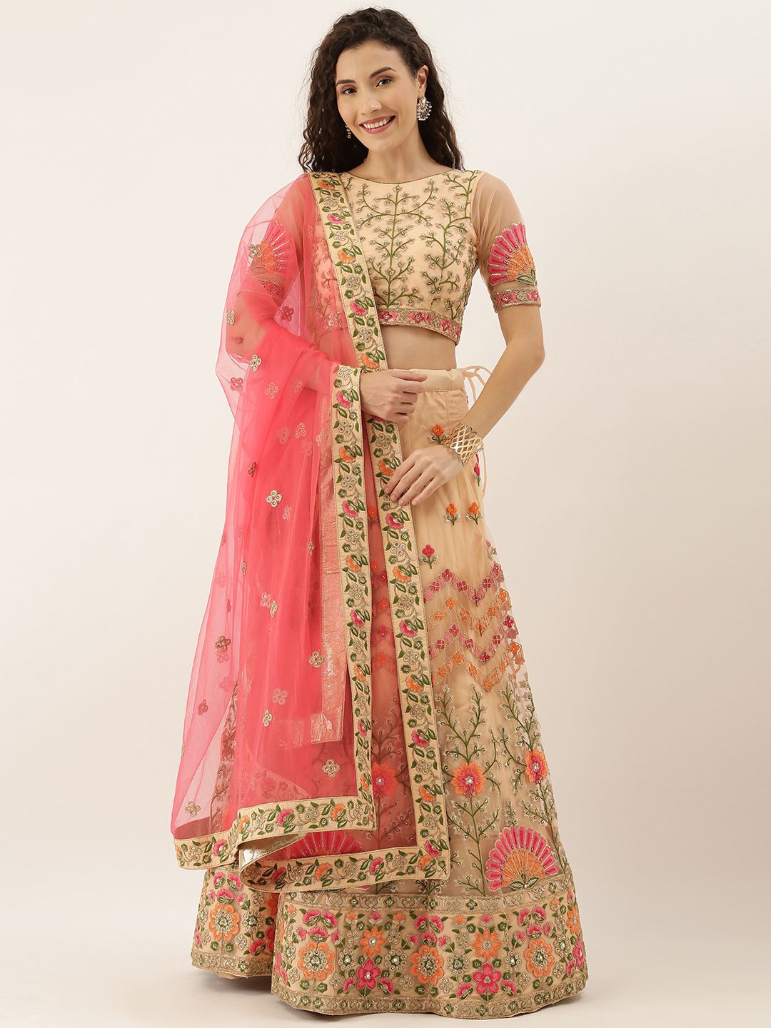 panchhi Peach-Coloured & Green Semi-Stitched Lehenga & Unstitched Blouse with Dupatta Price in India