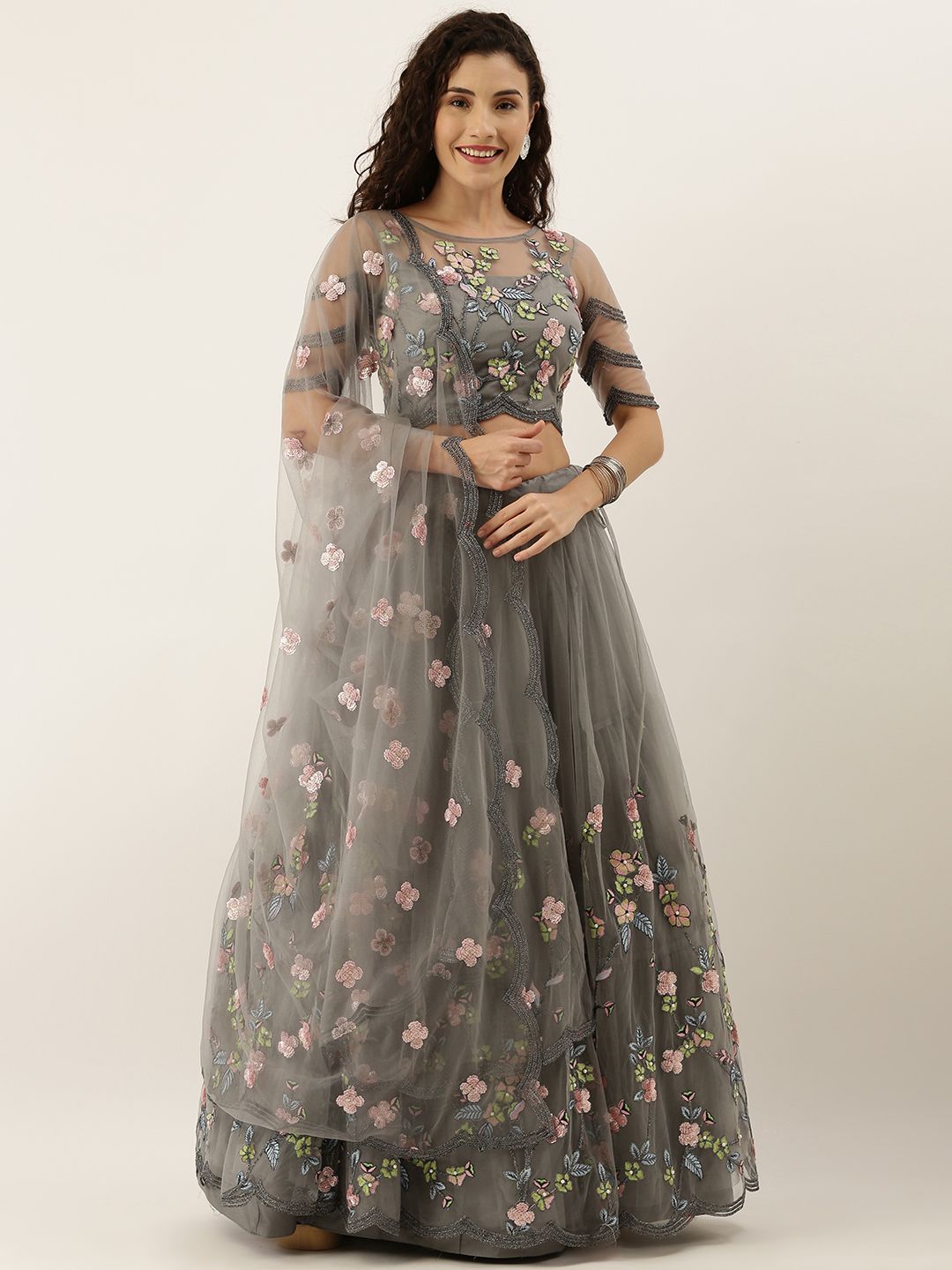 panchhi Grey & Pink Embroidered Semi-Stitched Lehenga & Unstitched Blouse with Dupatta