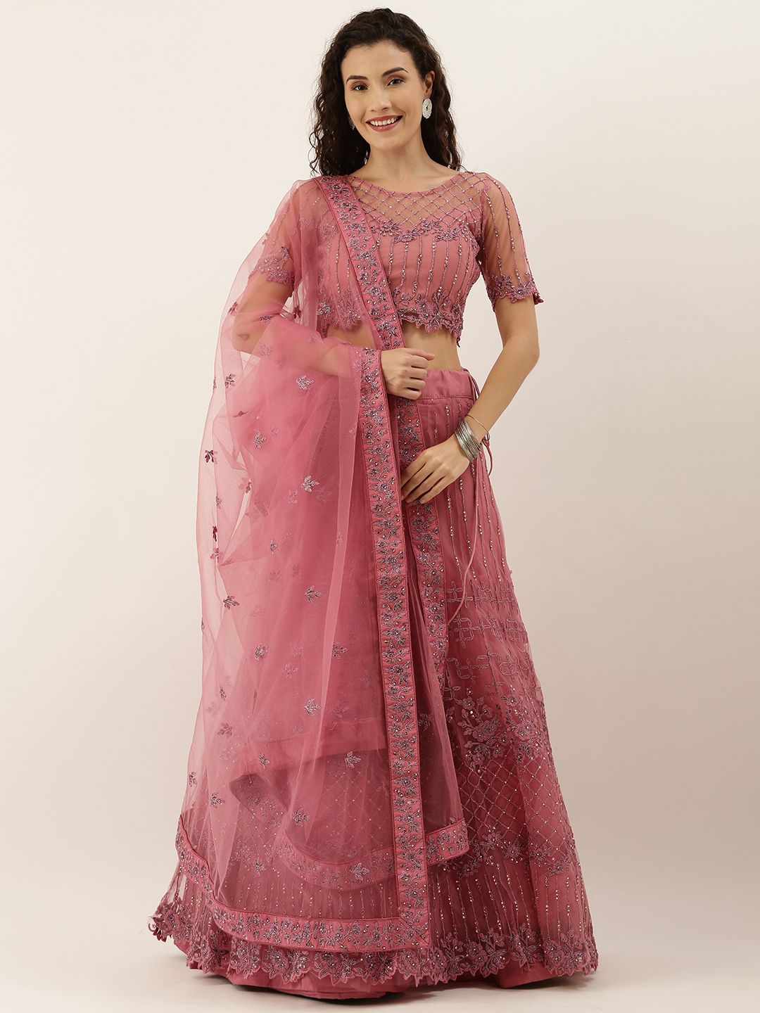 panchhi Pink Embroidered Semi-Stitched Lehenga & Unstitched Blouse with Dupatta Price in India