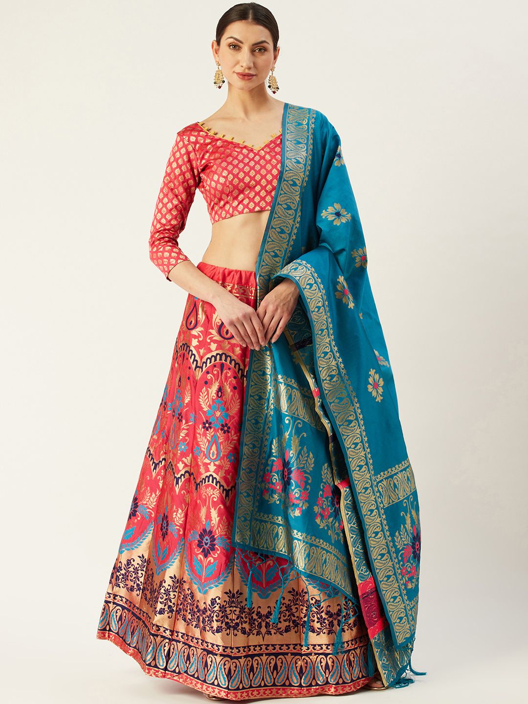 Mitera Pink & Blue Woven Design Semi-Stitched Lehenga & Unstitched Blouse with Dupatta Price in India