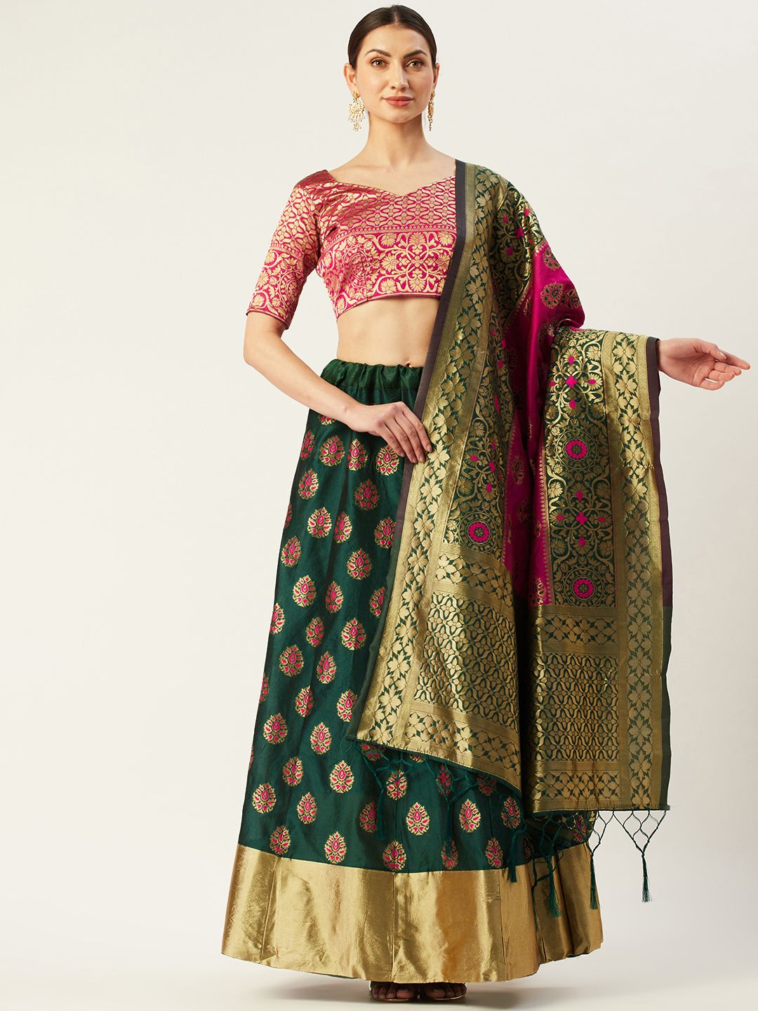 Mitera Green & Pink Woven Design Semi-Stitched Lehenga & Unstitched Blouse with Dupatta Price in India