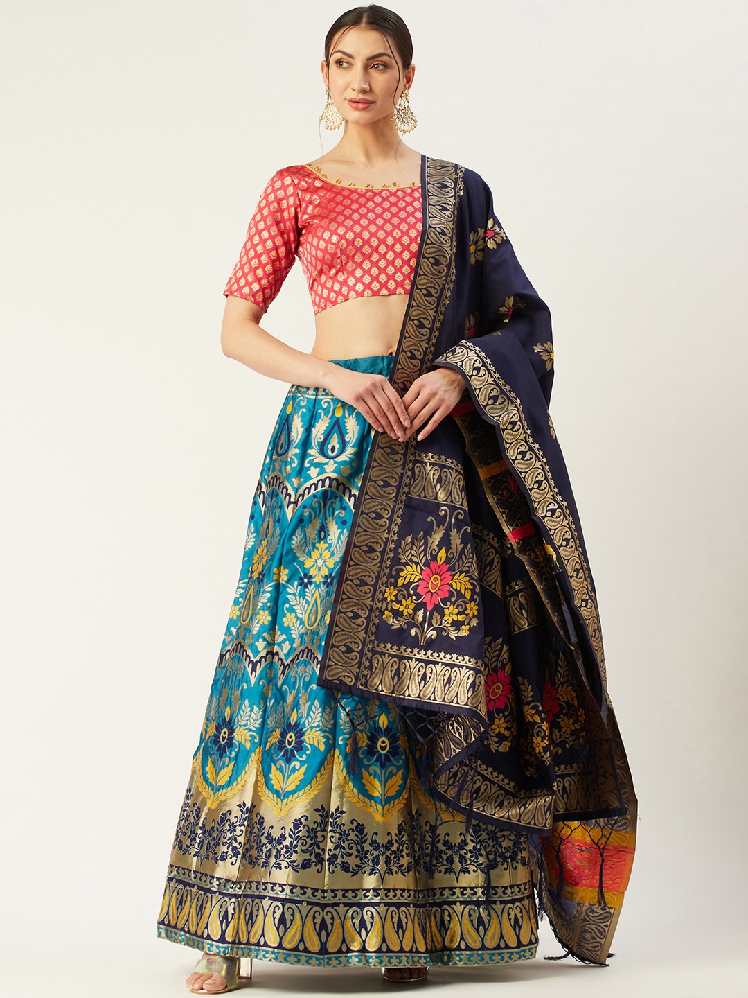 Mitera Turquoise Blue & Pink Woven Design Semi-Stitched Lehenga & Unstitched Blouse with Dupatta Price in India