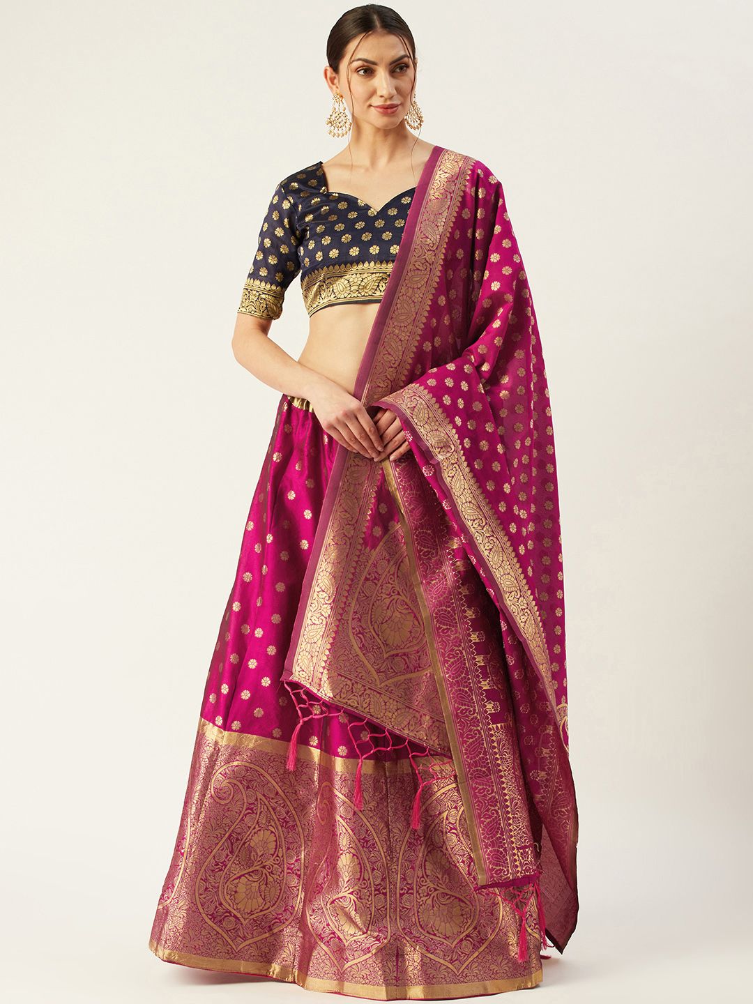 Mitera Pink & Purple Woven Design Semi-Stitched Lehenga & Unstitched Blouse with Dupatta Price in India