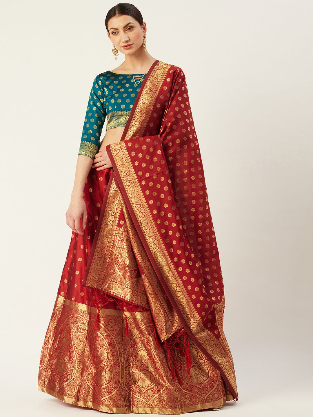 Mitera Red & Turquoise Blue Woven Design Semi-Stitched Lehenga & Unstitched Blouse with Dupatta Price in India
