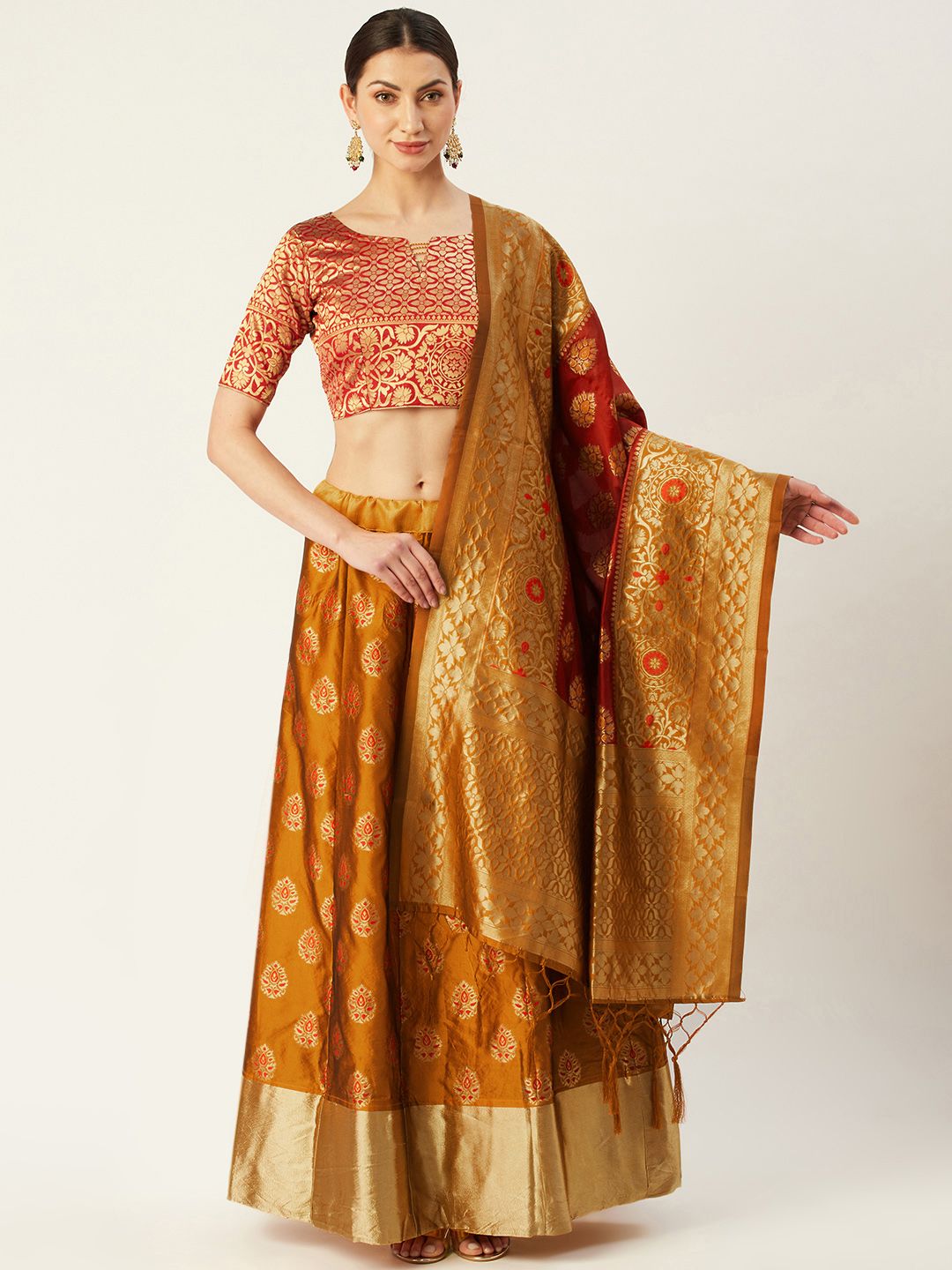 Mitera Mustard & Red Woven Design Semi-Stitched Lehenga & Unstitched Blouse with Dupatta Price in India