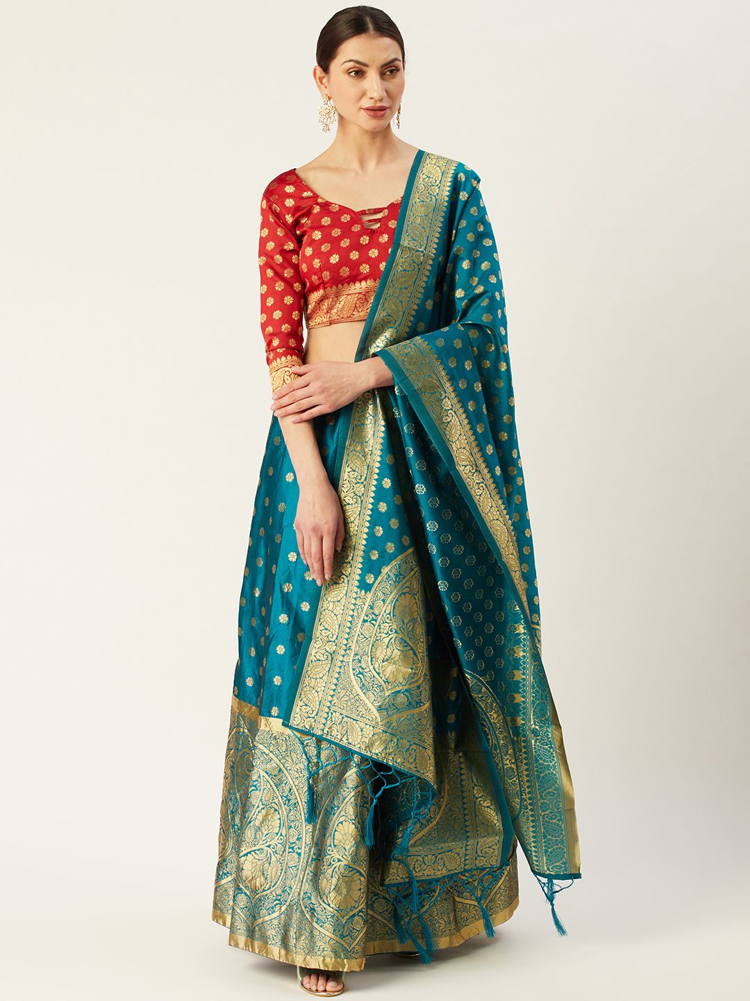 Mitera Turquoise Blue & Red Woven Design Semi-Stitched Lehenga & Unstitched Blouse with Dupatta Price in India