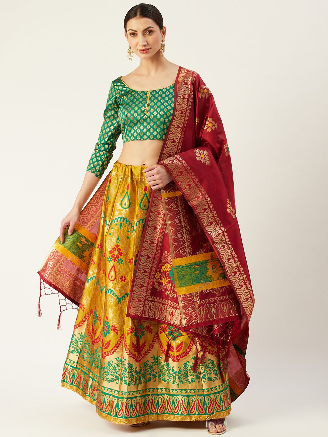 Mitera Mustard & Green Woven Design Semi-Stitched Lehenga & Unstitched Blouse with Dupatta Price in India