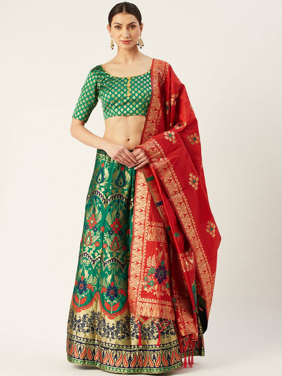 Mitera Green & Red Woven Design Semi-Stitched Lehenga & Unstitched Blouse with Dupatta Price in India