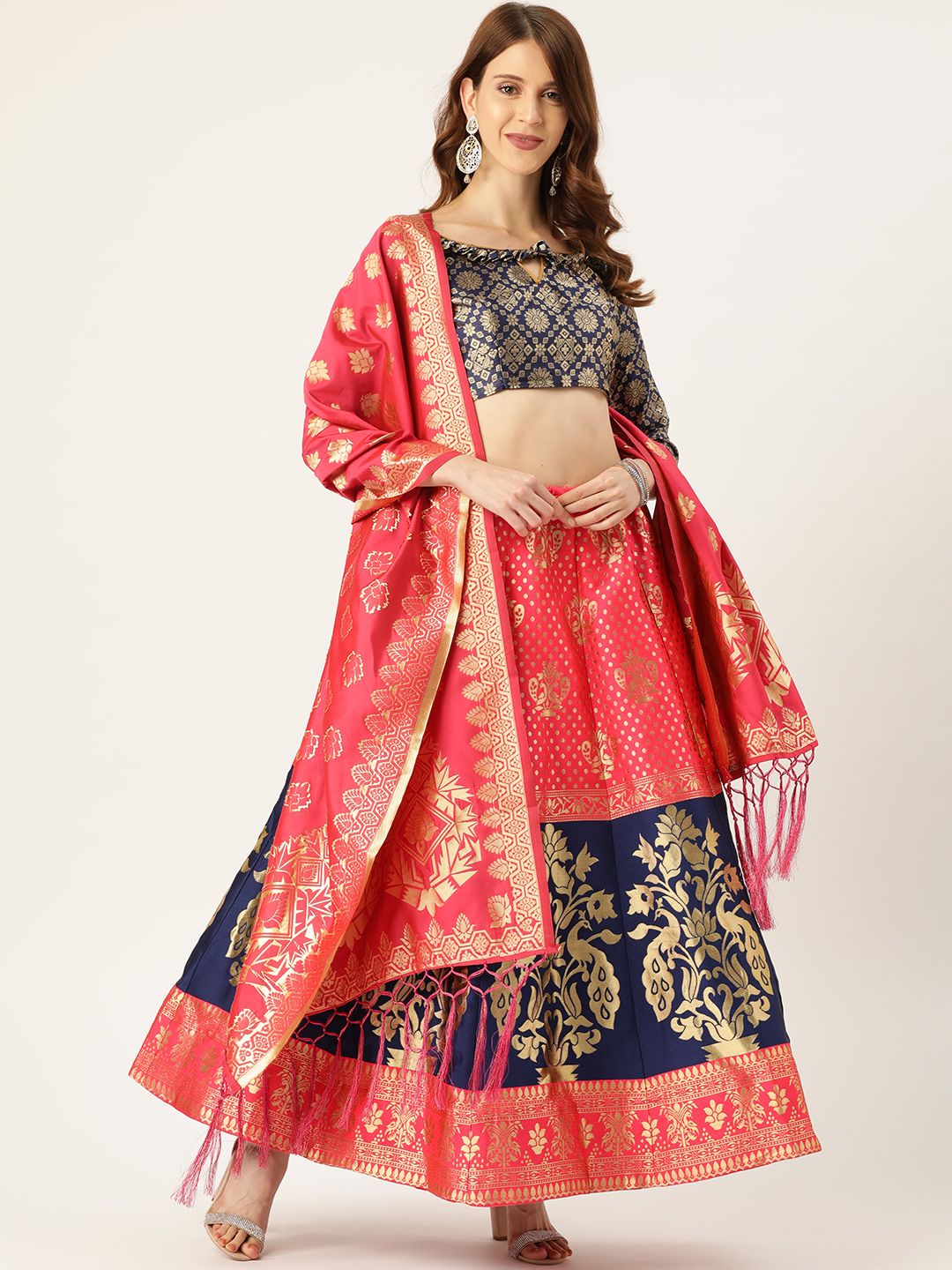 Mitera Pink & Navy Blue Woven Design Semi-Stitched Lehenga & Unstitched Blouse with Dupatta