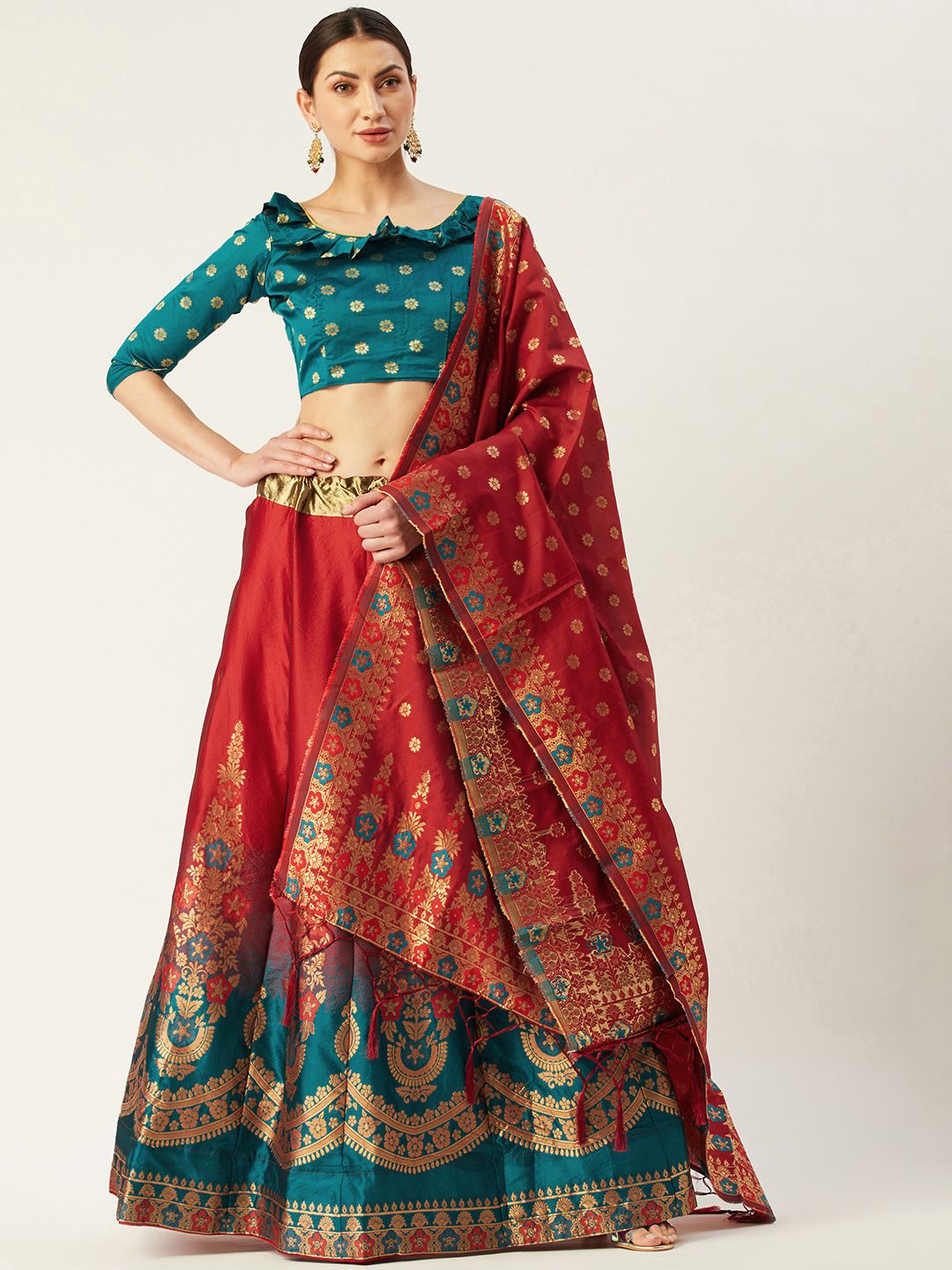 Mitera Teal & Maroon Woven Design Semi-Stitched Lehenga & Unstitched Blouse with Dupatta Price in India