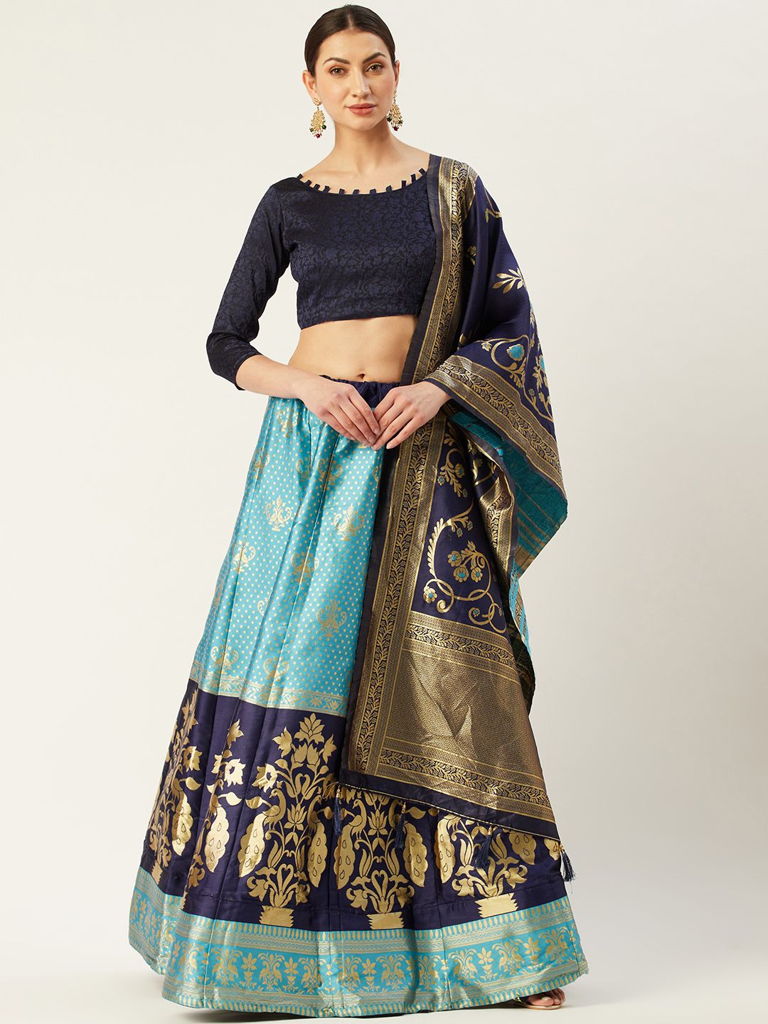 Mitera Blue & Gold-Toned Woven Design Semi-Stitched Lehenga & Unstitched Blouse with Dupatta Price in India