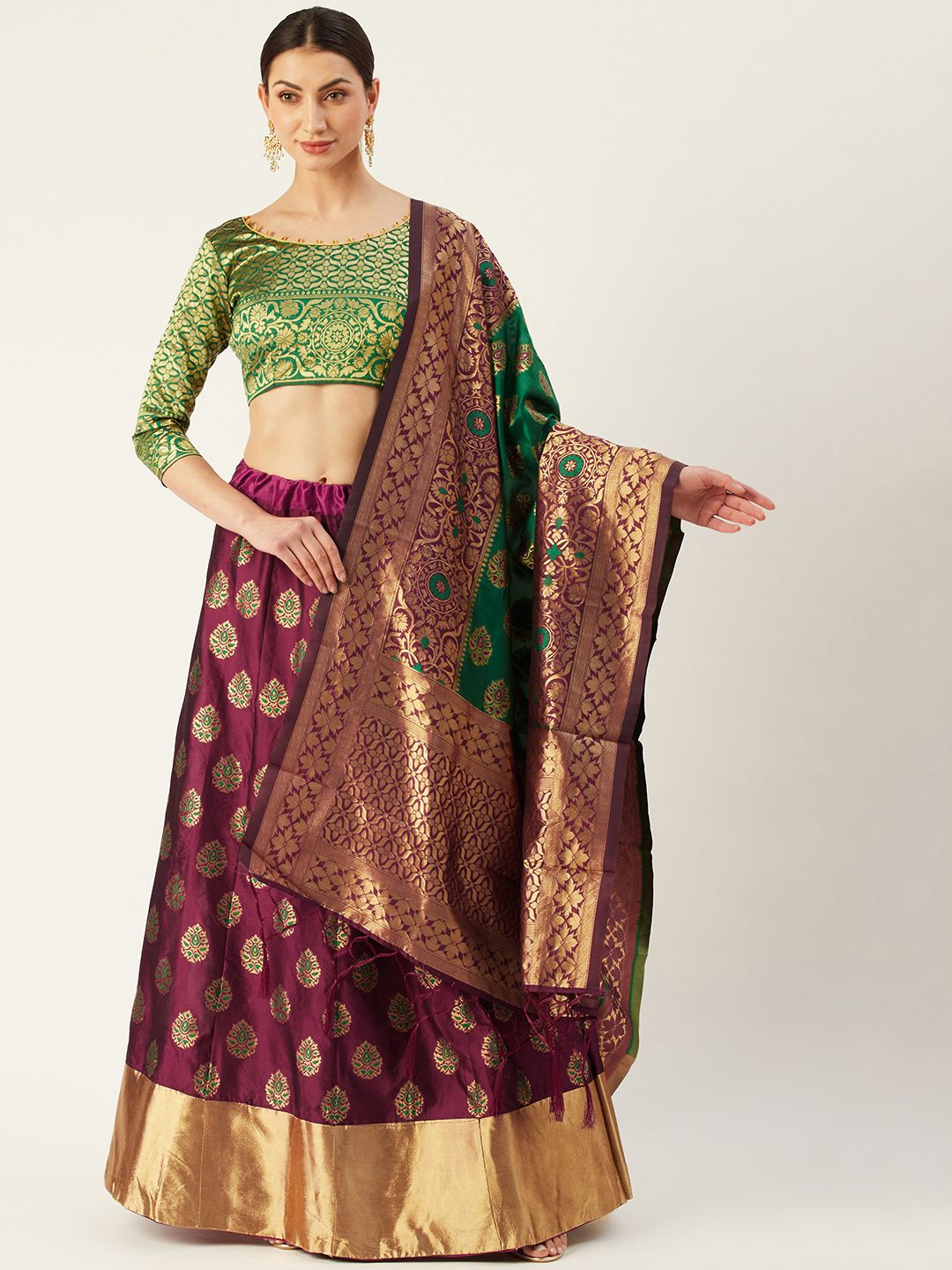 Mitera Magenta & Green Woven Design Semi-Stitched Lehenga & Unstitched Blouse with Dupatta Price in India