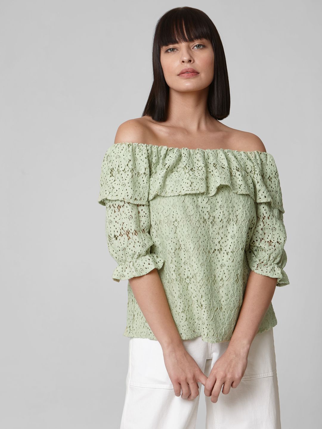 Vero Moda Women Green Self Design Lace Bardot Top