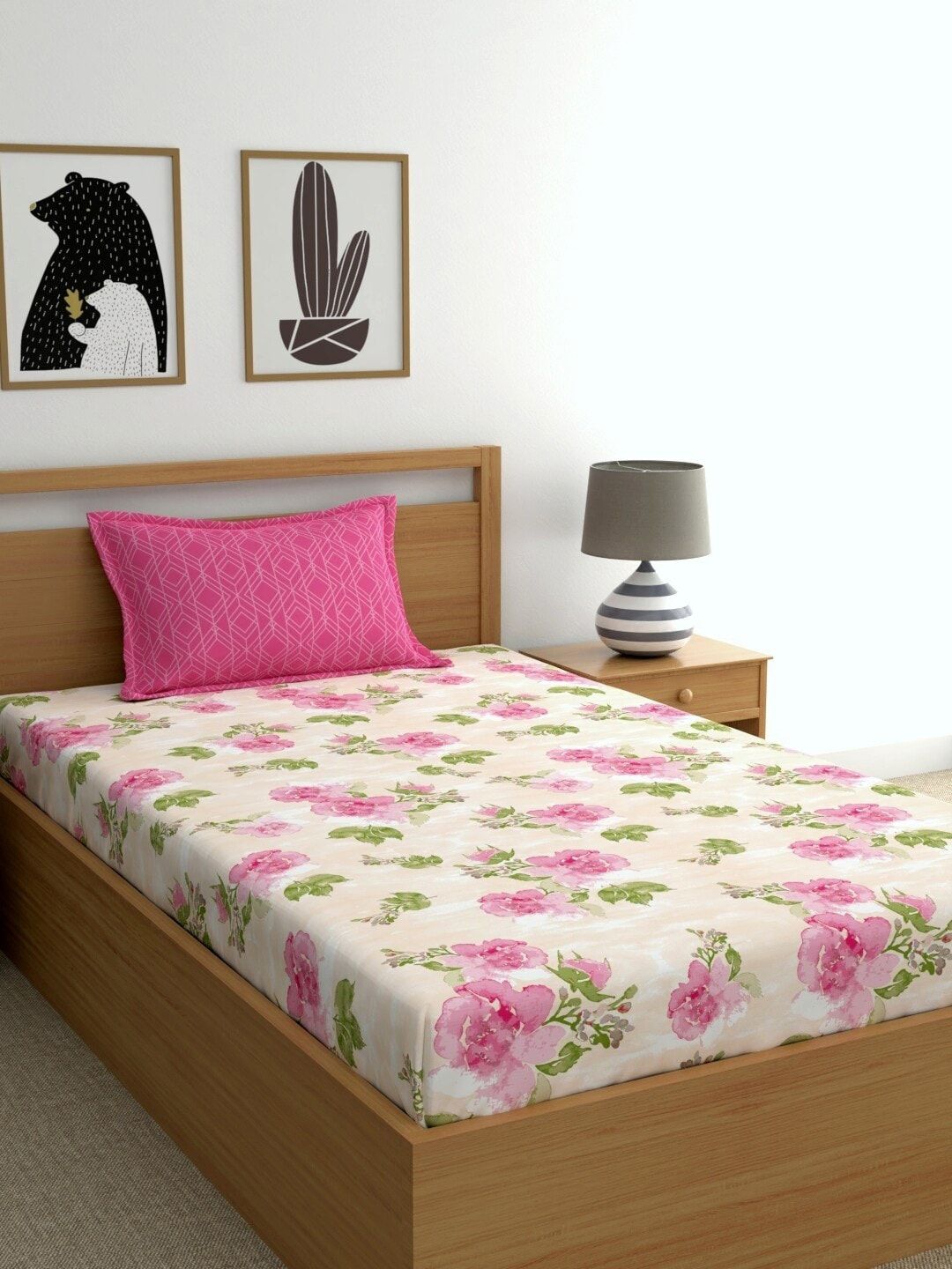 Home Ecstasy Peach-Coloured & Green Floral 140 TC Cotton 1 Single Bedsheet with 1 Pillow Covers Price in India