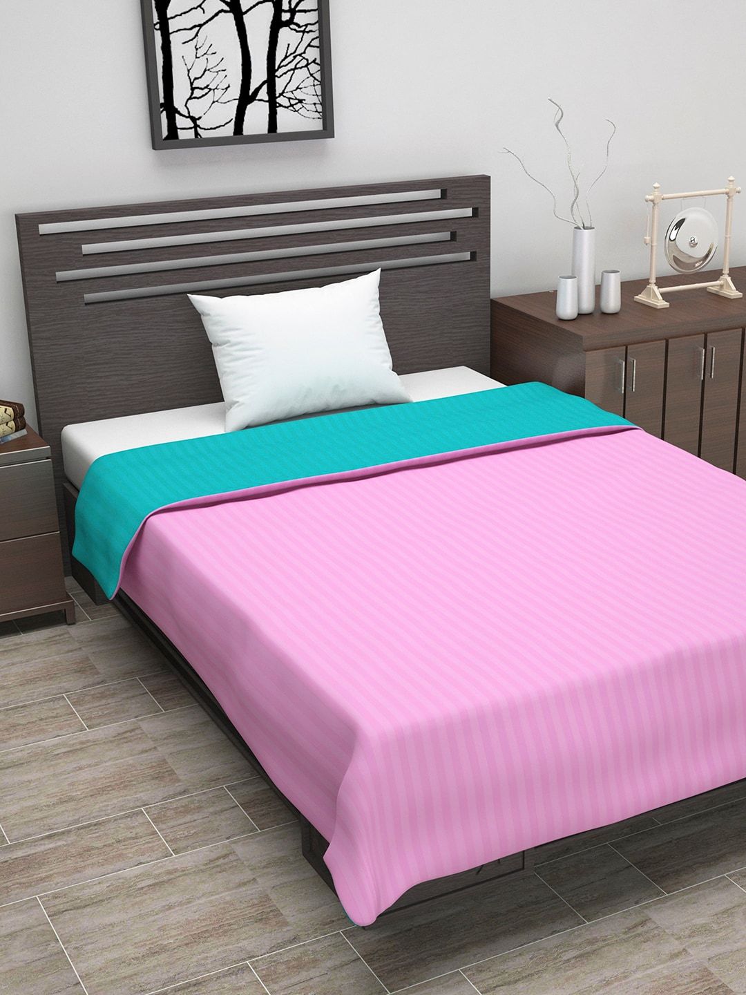 Divine Casa Pink & Turquoise Blue Striped AC Room 110 GSM Single Bed Dohar Price in India