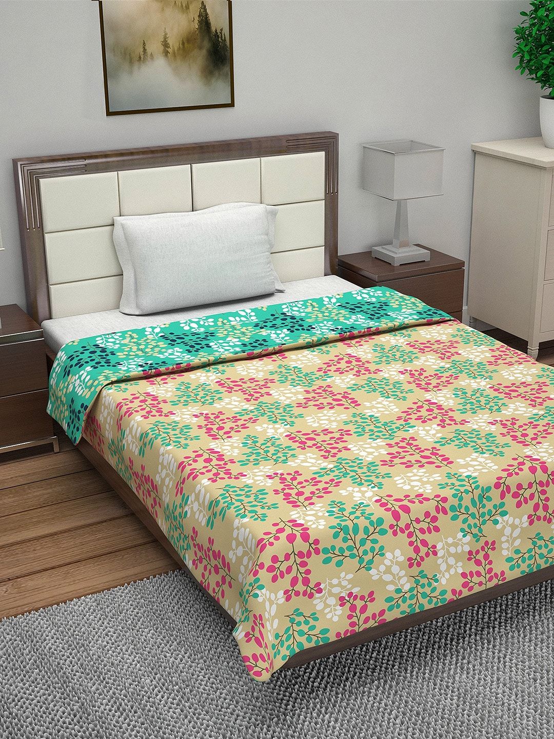 Divine Casa Beige & Green Floral AC Room 110 GSM Single Bed Dohar Price in India